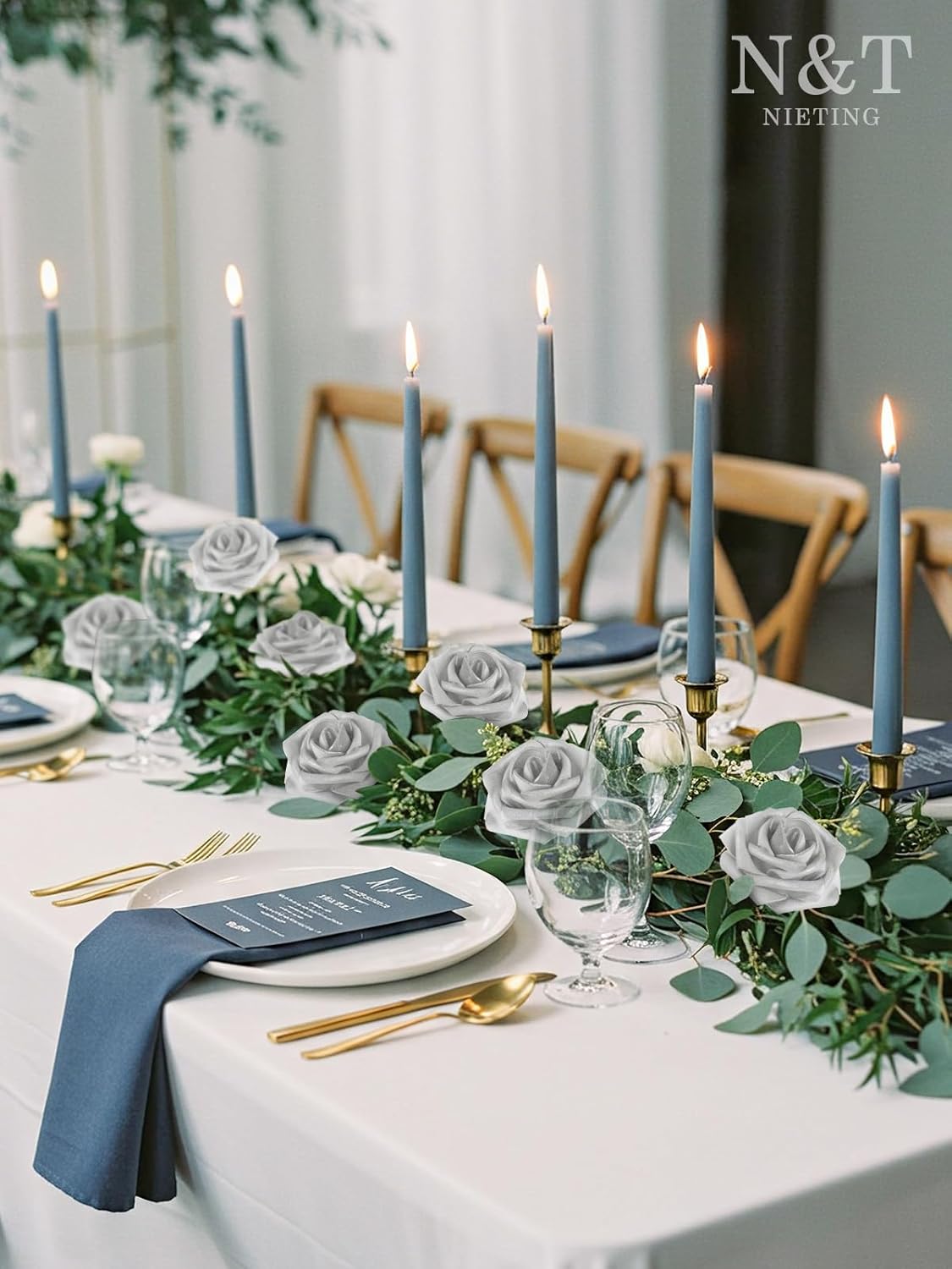 N&T NIETING Artificial Flowers, 50pcs Fake Flowers Roses with Stem for DIY Wedding Bouquets Centerpieces Bridal Shower Party Home Decoration, Silver White