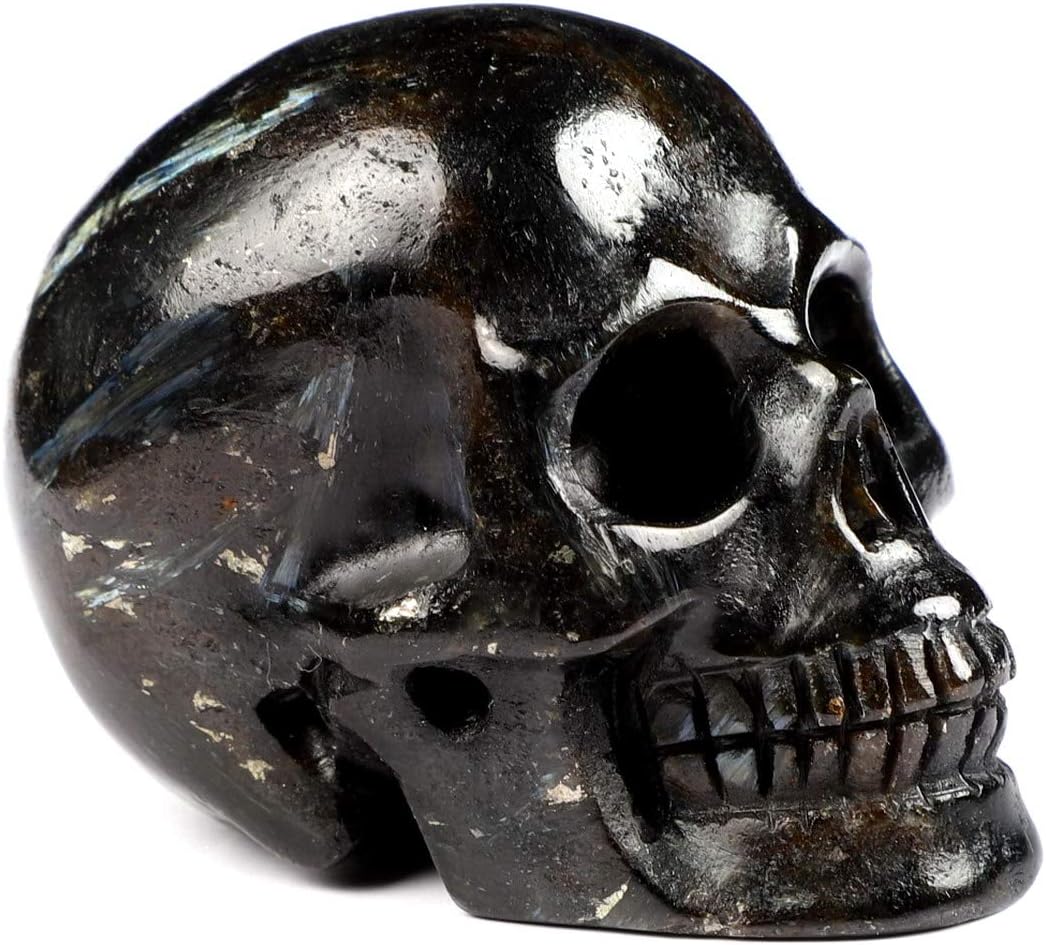Skullis 2.0” Russian Arfvedsonite Crystal Skull, Hand Carved Gemstone Fine Art Sculpture, Reiki Healing Stone Statue.