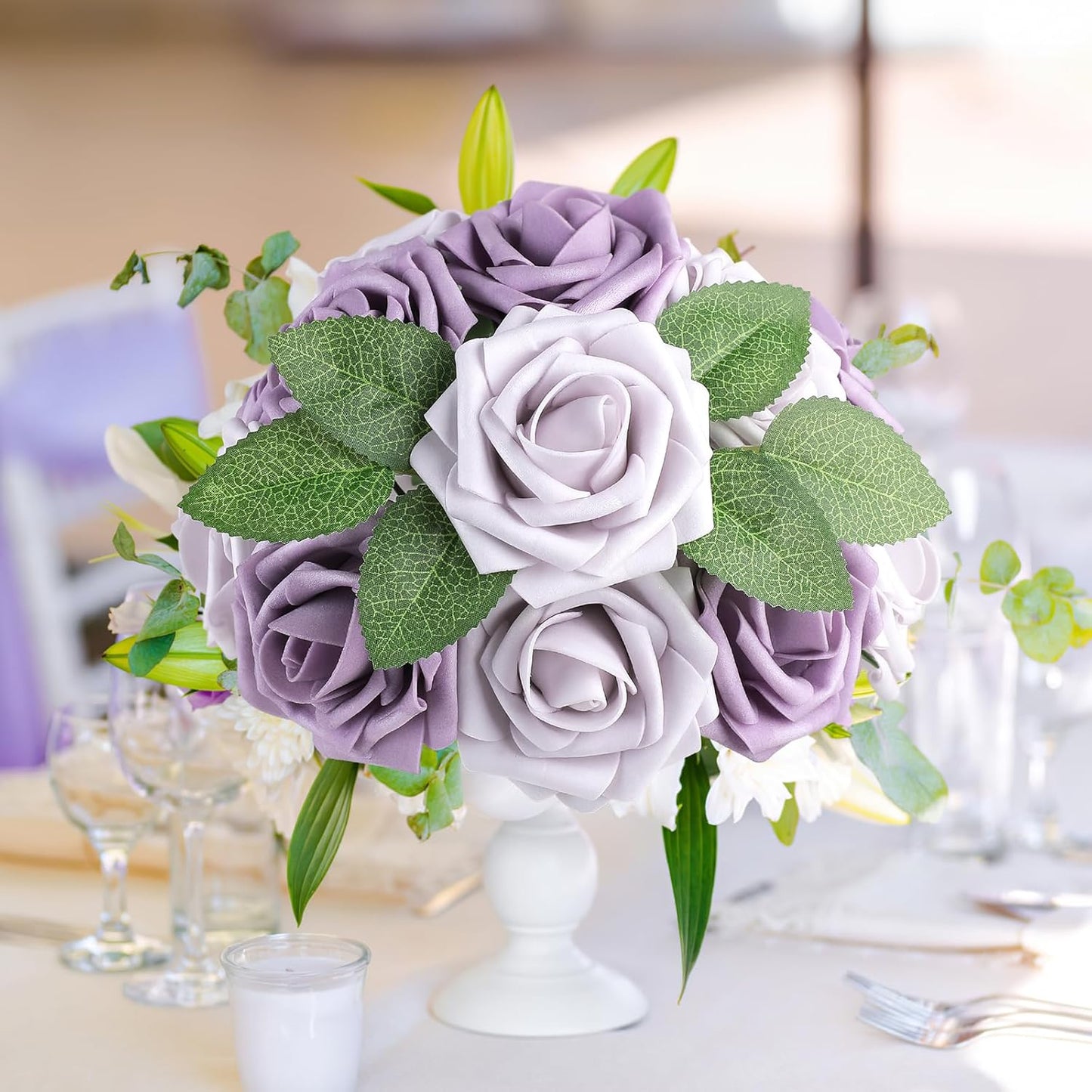 AmyHomie 25pcs Real Looking Artificial Pale Lavender Roses w/Stem for DIY Wedding Bouquets Centerpieces Arrangements Party Baby Shower Home Decorations