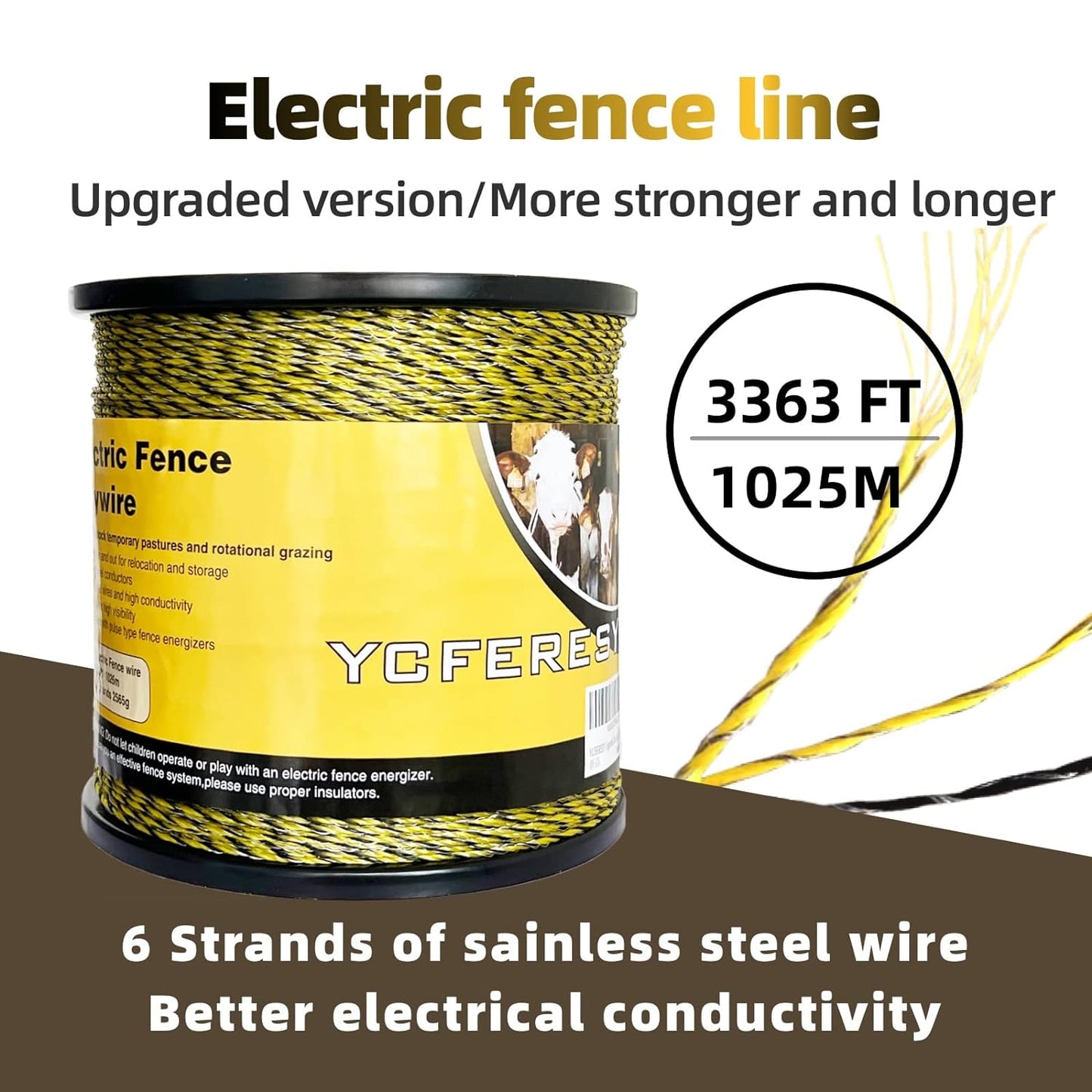 Upgraded Electric Fence Polywire 3366 Feet 1026 Meters, 6 Stainless Steel Strands for Reliable Conductivity and Rust Resistance, Portable Electric Fencing,UV, Rust Resistant