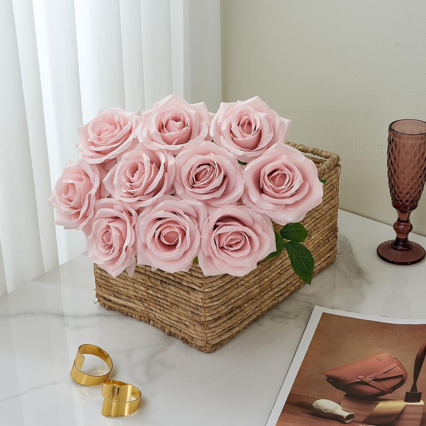 Artificial Rose 10pcs Open Flower Bouquet Faux Rose Stems for Wedding Arrangement, Bridal Bouquet, Centerpiece, Fake Faux Silk Flowers (Dusty Pink)