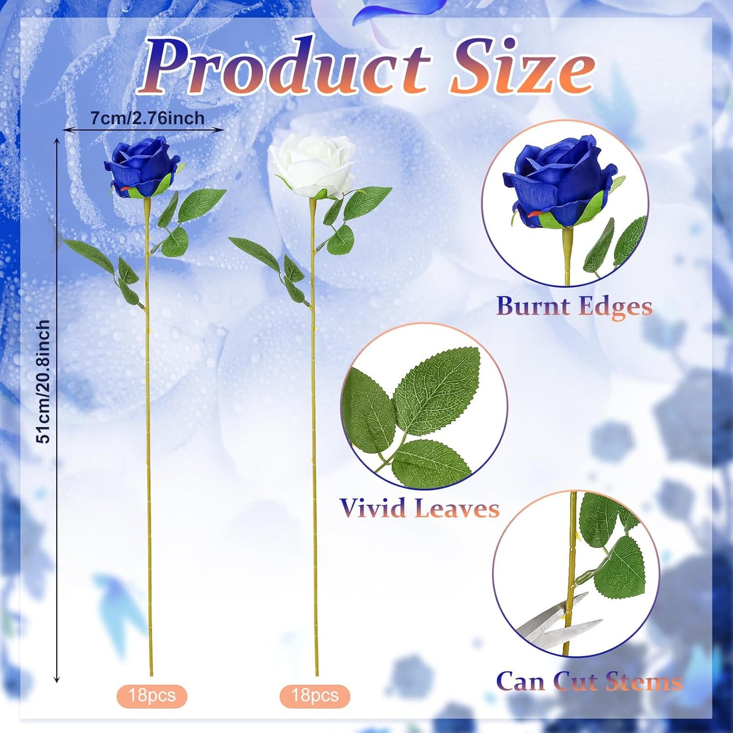 36 Pcs Silk Blue White Rose Bouquet Bridal Artificial Flowers,Fake Rose Long Stem Realistic Flowers Bulk for Wedding Bouquet Ball Arrangement Centerpiece Party Decor