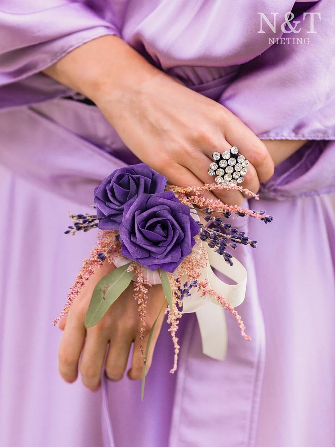 N&T NIETING Artificial Flowers 50pcs Real Looking Dusty Purple Foam Fake Roses with Stems for DIY Wedding Bouquets Bridal Shower Centerpieces Arrangements Party Tables Decorations