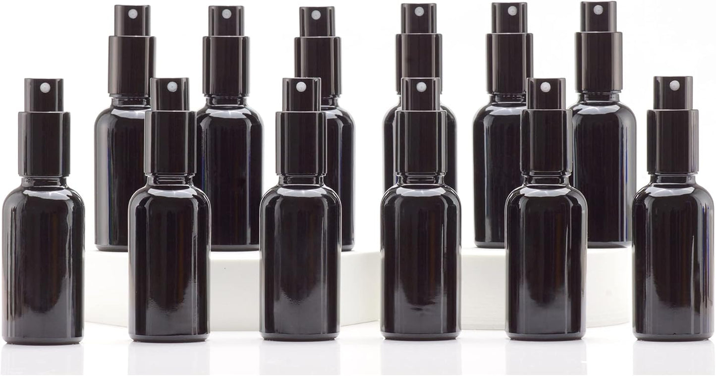 YIZHAO Black Glass Spray Bottles 1oz, with Small Fine Mist Spray, Metal Cap, Refillable for Essential Oil,Travel,Cleaning,Perfume,Aromatherapy,Makeup – 12 Pcs