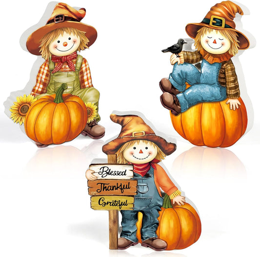 COCHIE 3 Pcs Fall Scarecrow Decor Rustic Fall Tiered Tray Decorations Wooden Scarecrow Pumpkin Sign Autumn Thanksgiving Gifts Home Office Decor Party Supplies