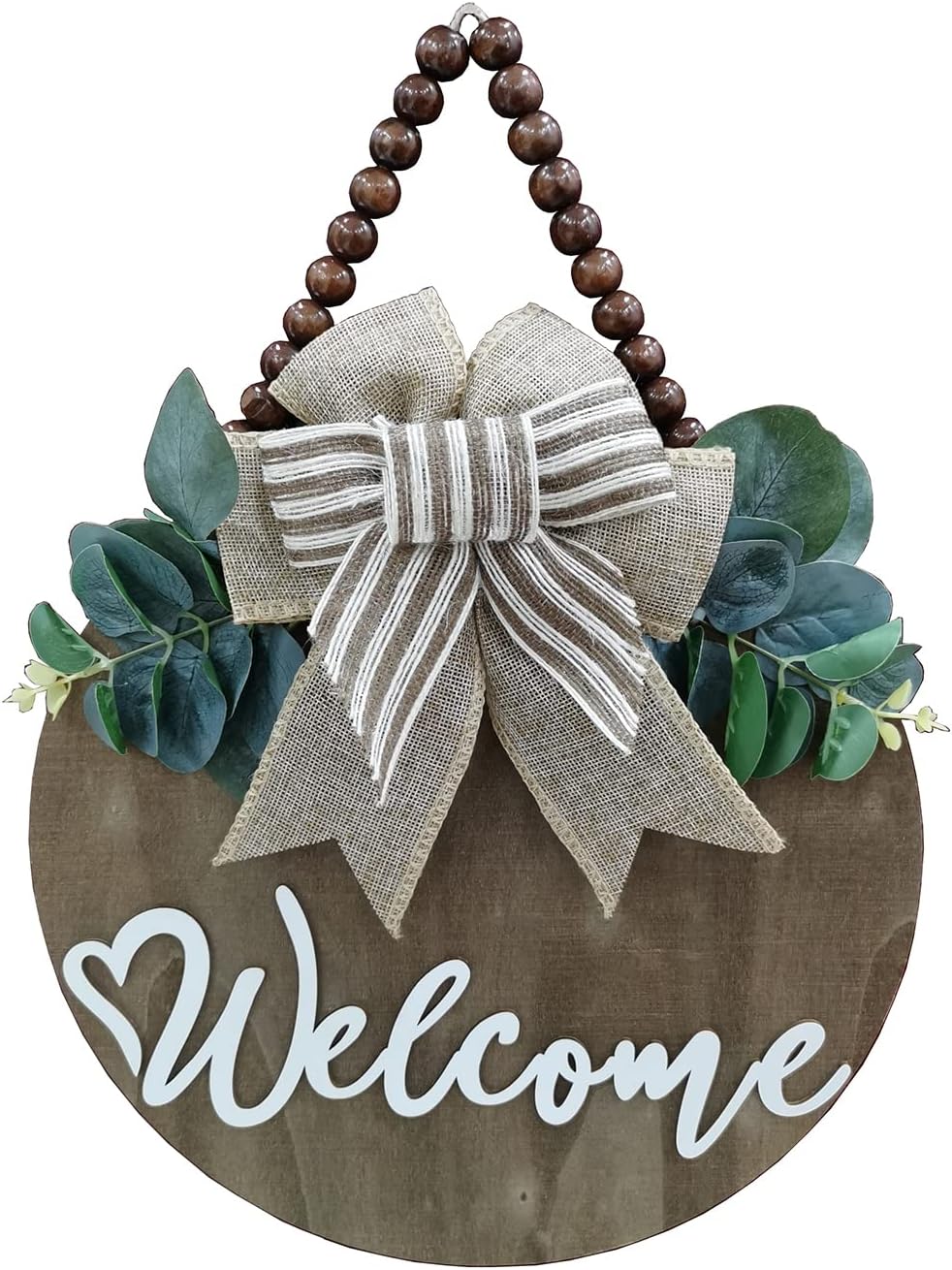 3D Welcome Sign for Front Door |Home/Farmhouse Porch Décor Wooden Hanging Sign with Artificial Leaves and Rustic Beads | Christmas Classroom |12" Round