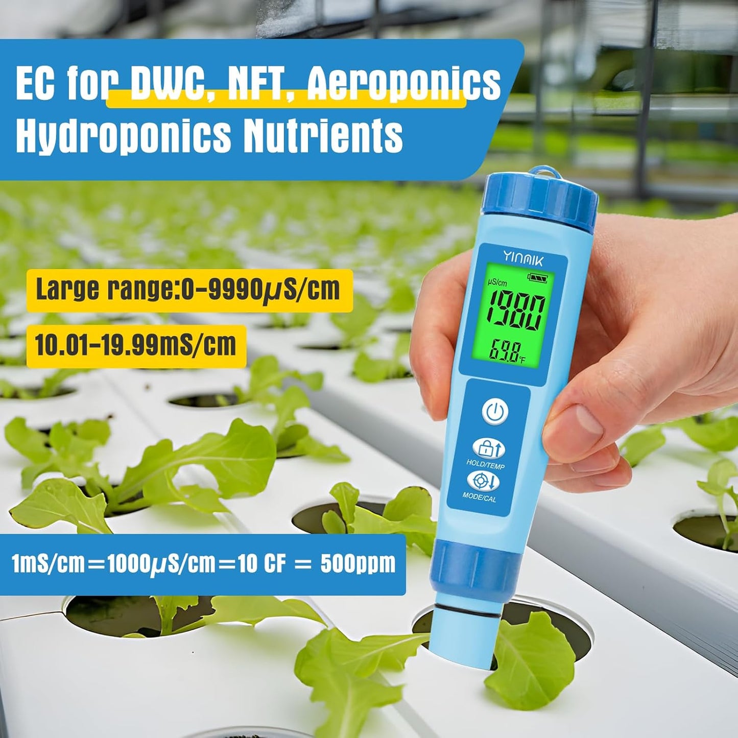 Water pH Meter, Digital 4 in 1 pH Temp EC TDS Meter for Hydroponics, PH Conductivity PPM Tester with EC Calibration Liquid, Suit for Growing Nutrients,Reservoir Tank,DWC,Brewing,Pool, Aquarium