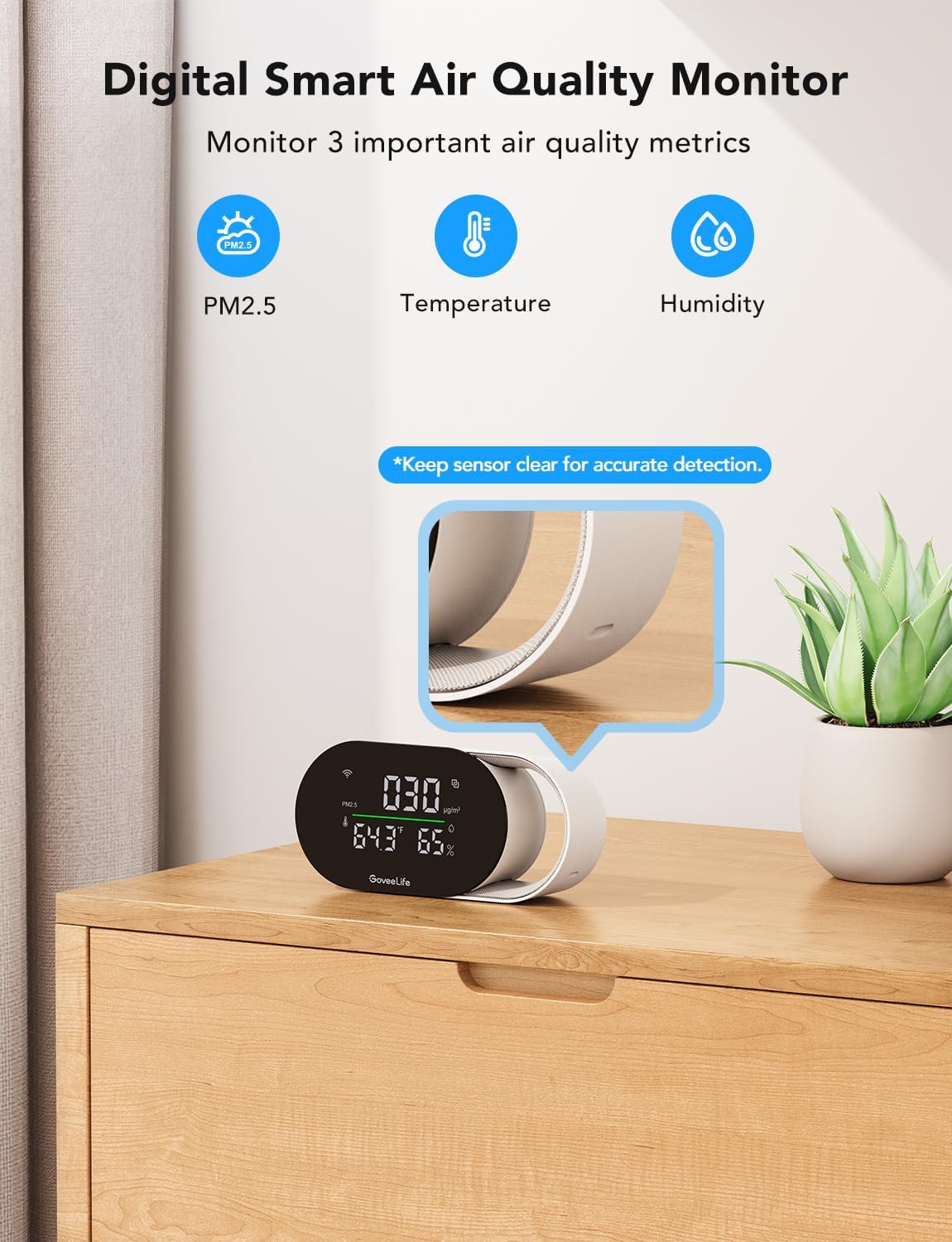 GoveeLife Smart Air Quality Monitor with PM2.5, WiFi, Temperature & Humidity Sensors, LED Display, 2s Refresh, 2-Year Data Storage, for Home & Office Wired