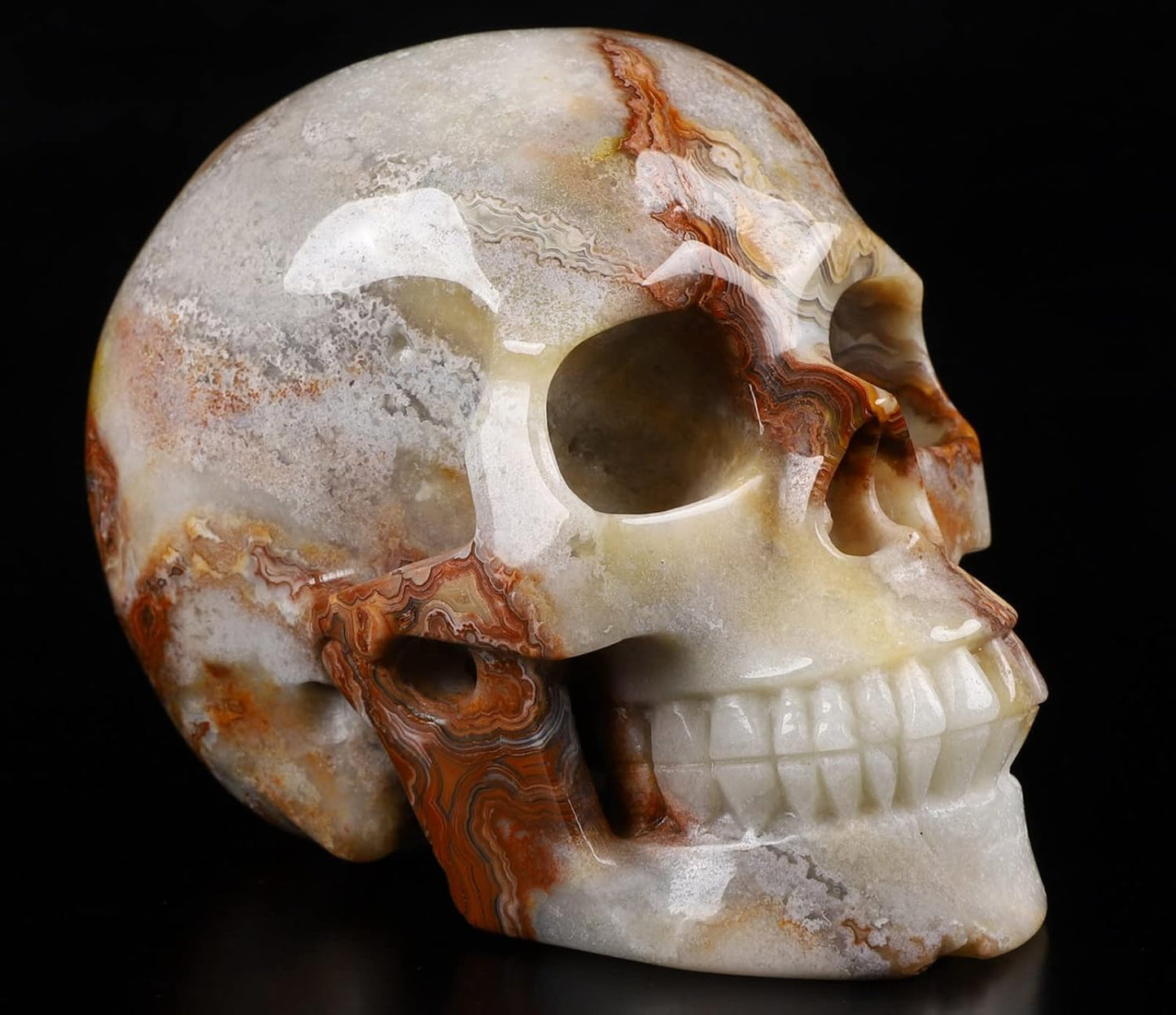 Skullis 5.0" Red Crazy Lace Agate Crystal Skull, Hand Carved Gemstone Fine Art Sculpture, Reiki Healing Stone Statue.397 Z8