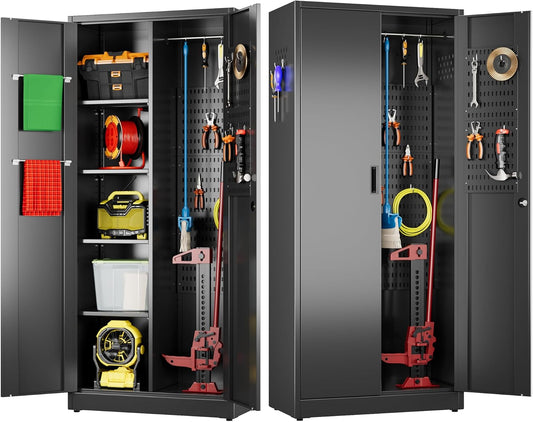 Broom Closet Storage Cabinet with 5 Pegboard, Hanging Rod &13 Hooks, Utility Metal Garage Storage Cabinets with Doors and 4 Shelves for Garage Home Office, Black,71.4" H x 31.5" W x 15.7" D