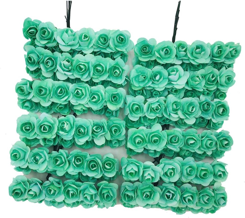 Mini Fake Rose Flower Heads 144pcs Mini Artificial Mulberry Paper Roses Flower with Wire Stem DIY Wedding Flowers Accessories Make Bridal Hair Clips Headbands Dress (Blue)