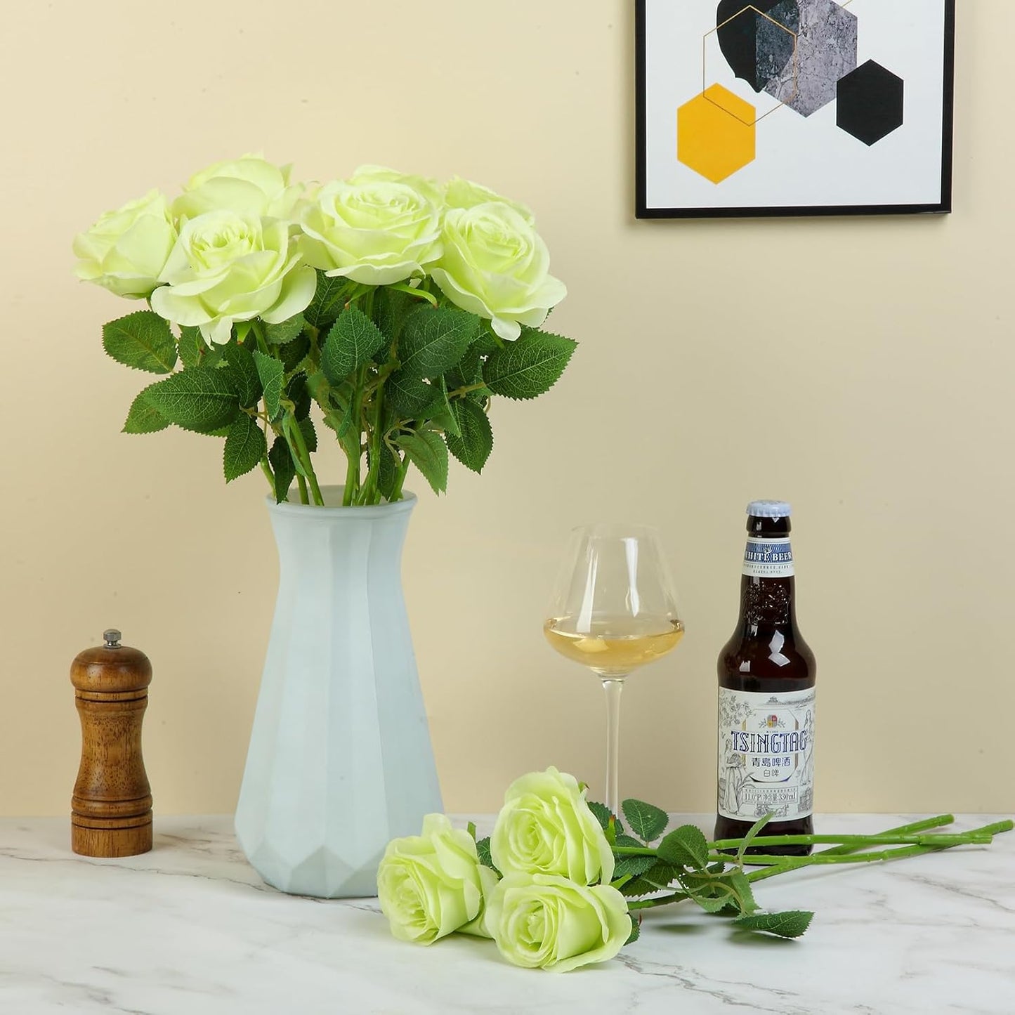 12pcs Light Green Roses Artificial Flowers Fake Roses Silk Flowers Roses with Long Stems for Wedding Home Party Centerpieces Decorations