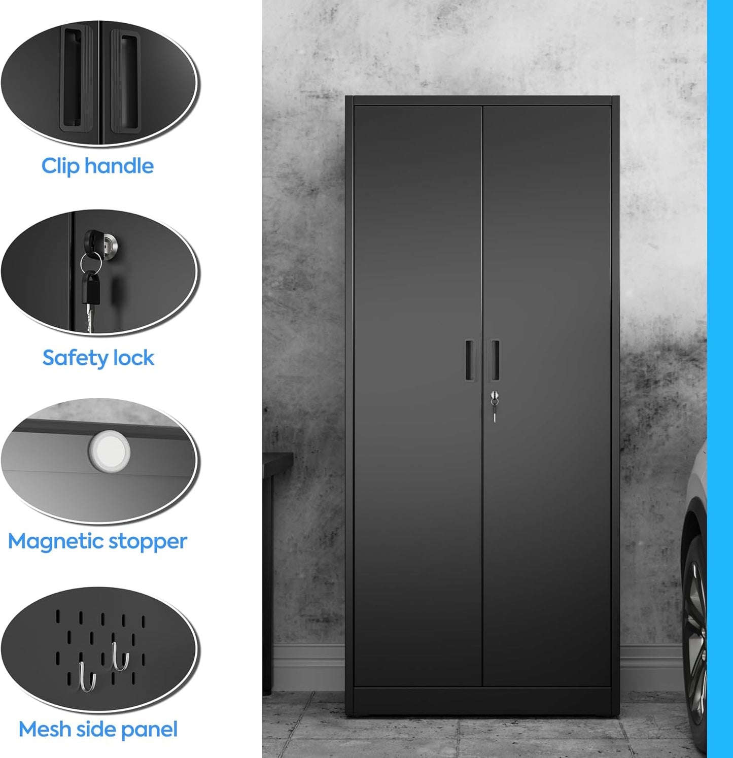 Broom Closet Storage Cabinet with 5 Pegboard, Hanging Rod &13 Hooks, Utility Metal Garage Storage Cabinets with Doors and 4 Shelves for Garage Home Storage, Black,71.5" H x 34" W x 17" D