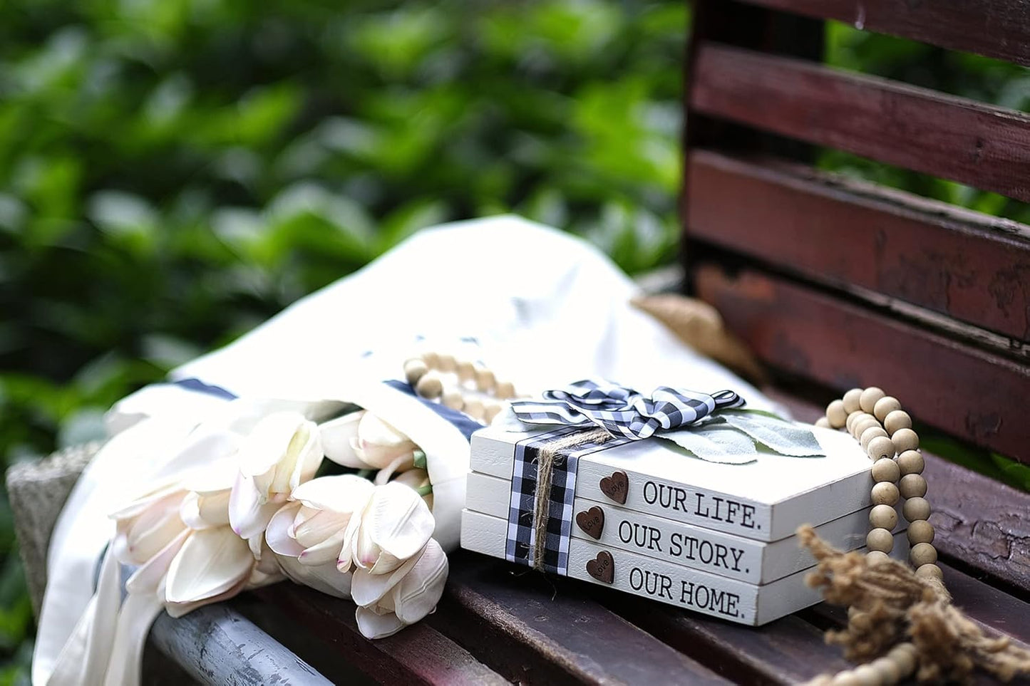 Our Life Our Story Our Home-Farmhouse Stacked Books, 3 Stacked Decorative Books, Rustic Wooden Signs for Home Decor-Housewarming Gifts