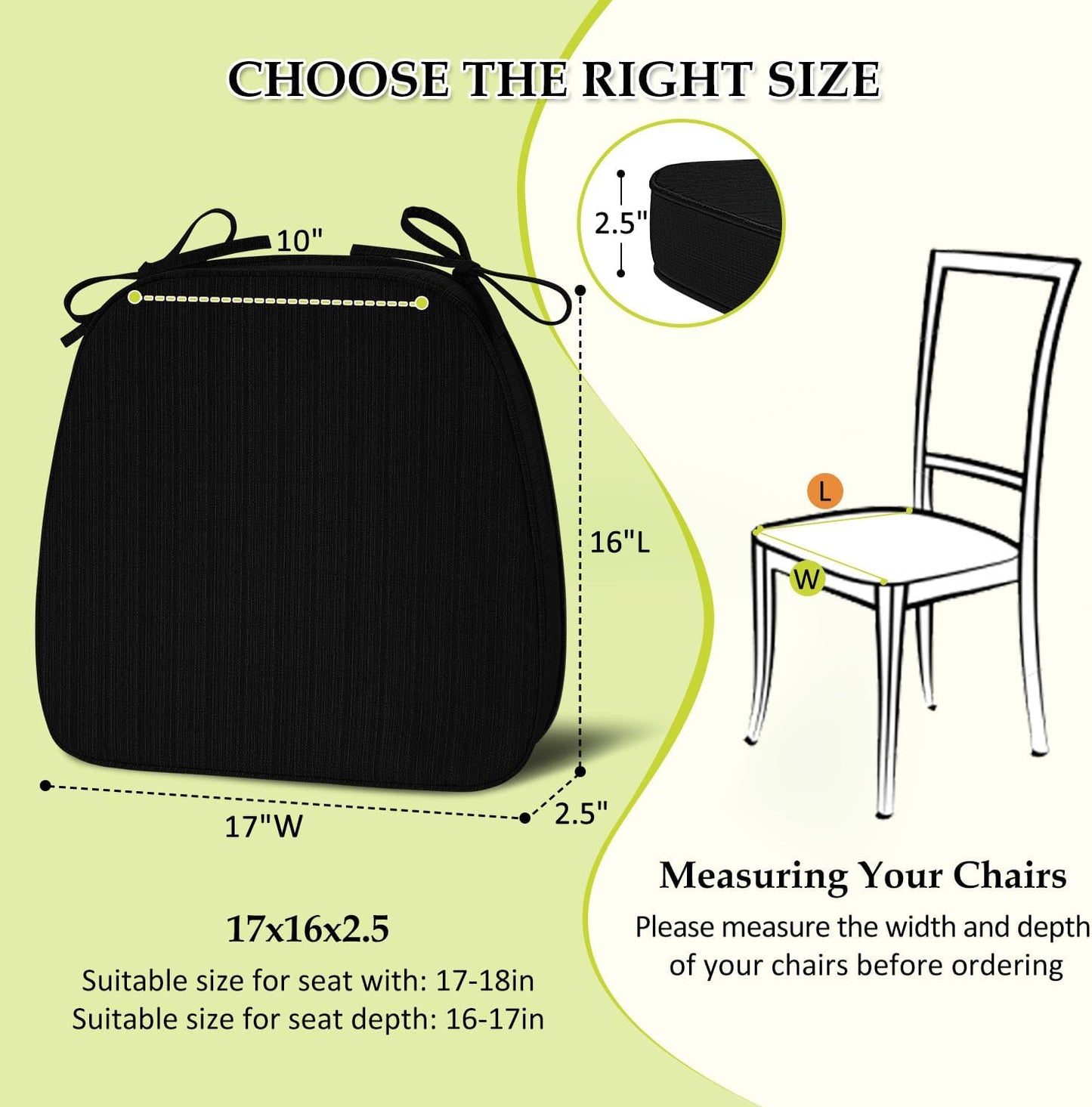 Chair Cushions for Dining Chairs, Indoor Chair Cushions with Ties，Waterproof Chair Pads Set of 4, Black, 17x16x2.5 Inch