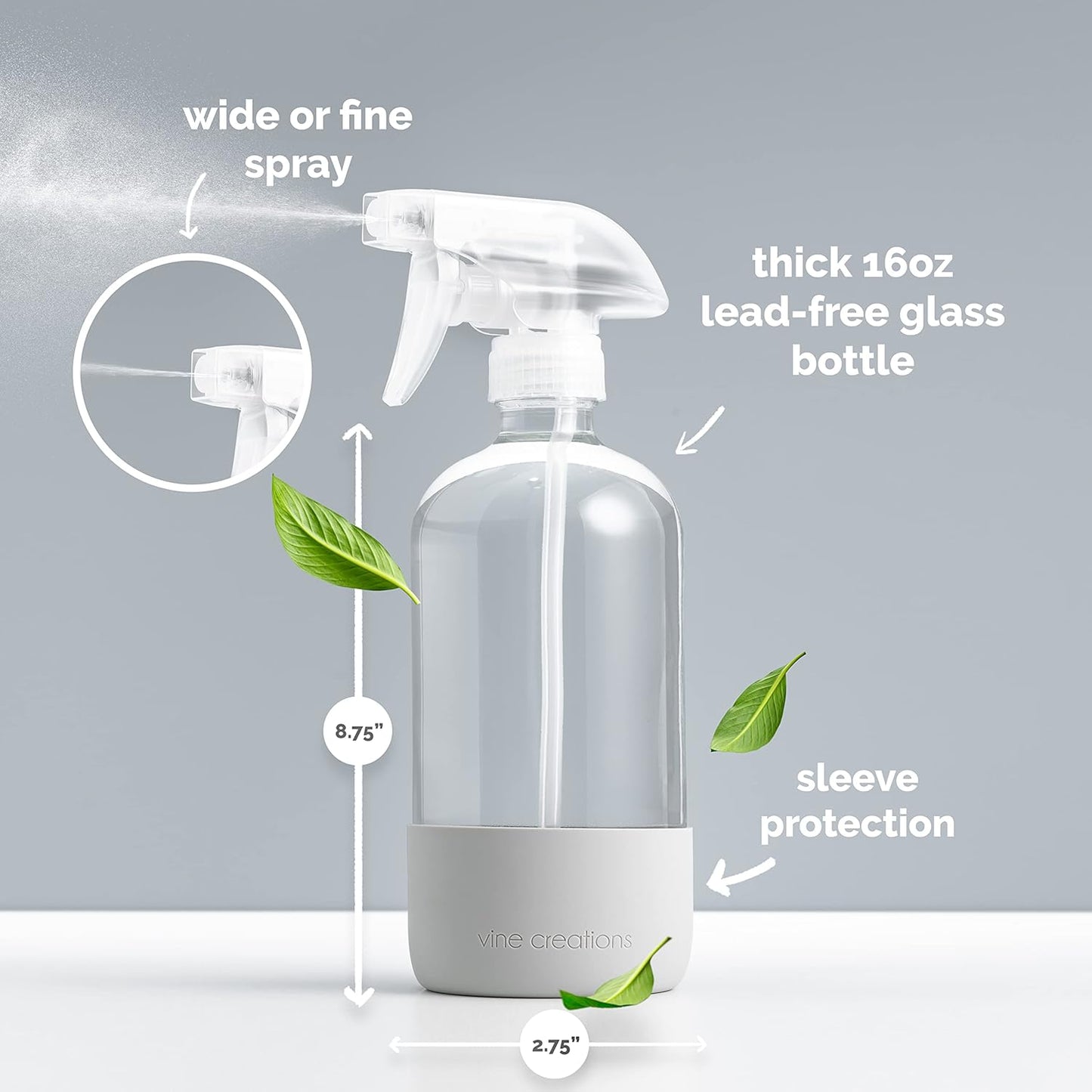 Vine Creations Glass Spray Bottles for Cleaning Solutions, Clear Glass Spray Bottle with Silicone Sleeve, 16 oz Empty Spray Bottles for Cleaning, Plant Spray Bottle, Mist and Stream Nozzle - 2 Pack