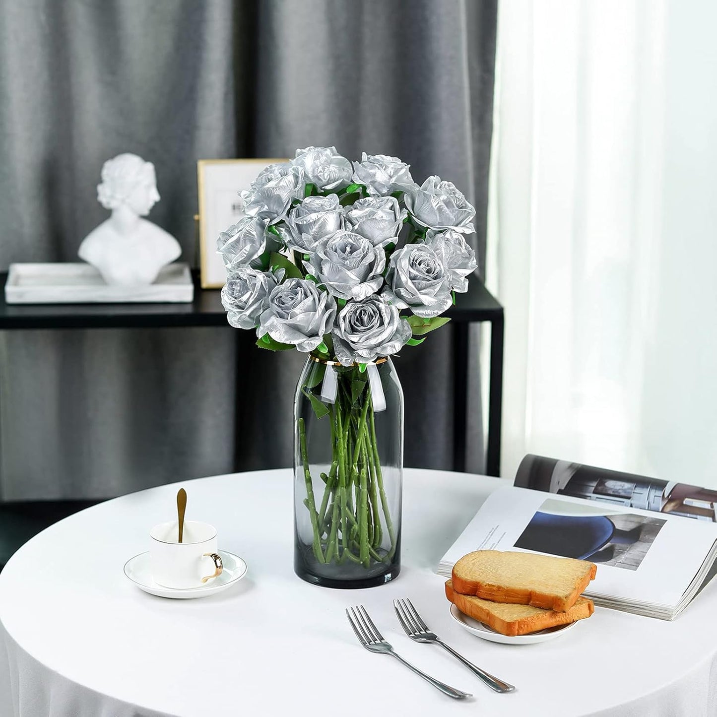 Hawesome 12PCS Artificial Silk Flowers Realistic Roses Bouquet Long Stem for Home Wedding Decoration Party (Silver 1)