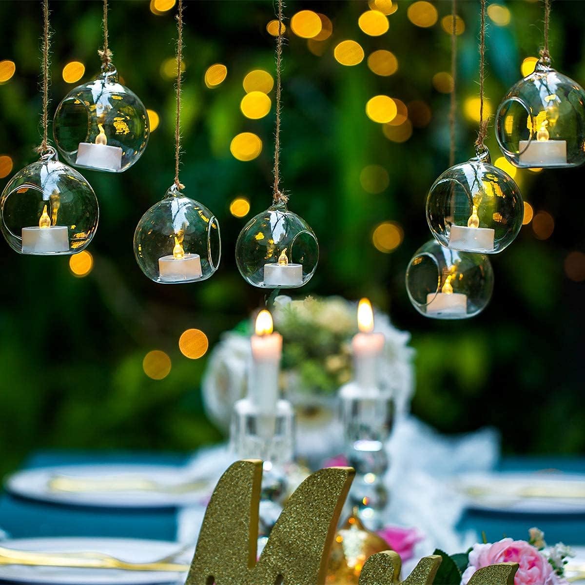 Sziqiqi Hanging Glass Tealight Candle Holder with LED Candles - 3.15inch Tea Light Globe Terrarium Holders Ornament for Wedding Christmas Birthday Halloween Party Centerpieces Decor 8pcs