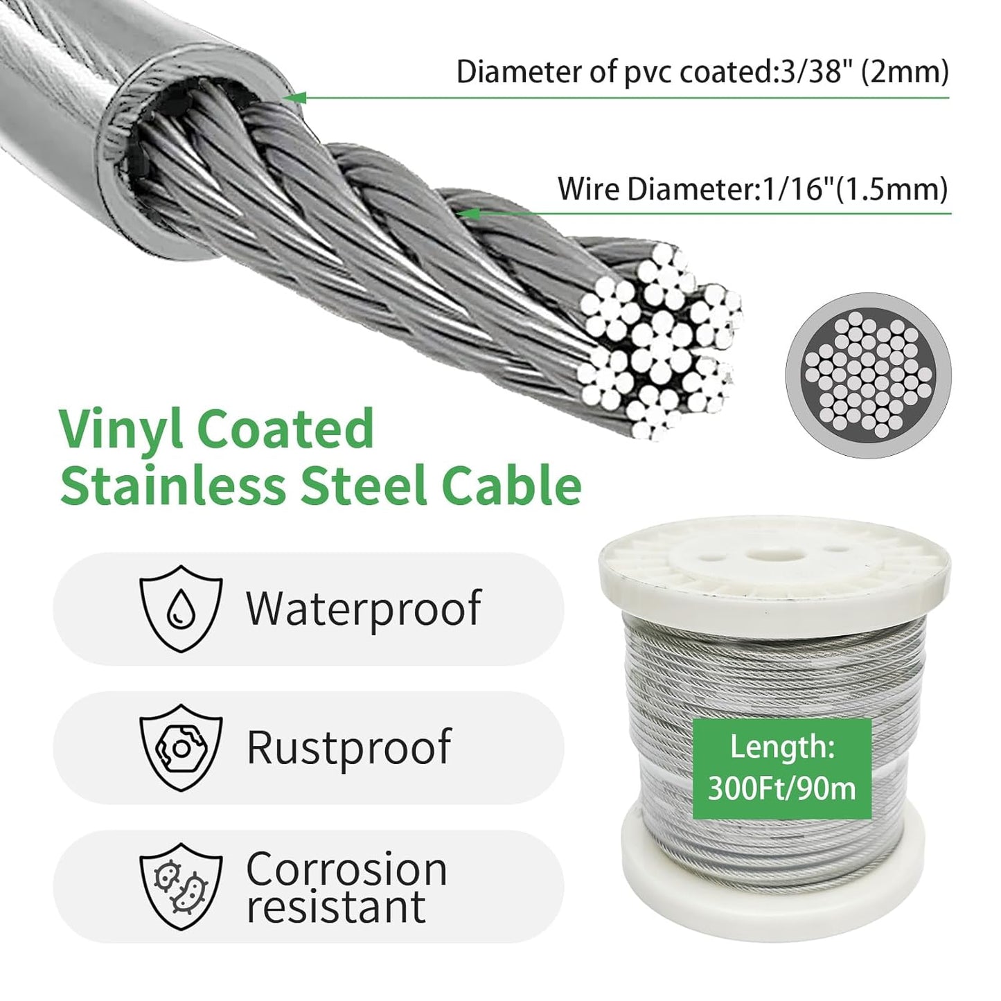 3/38" Wire Cable Rope Kit ，Vinyl Coated 304 Stainless Steel Wire – 300FT 7x7 Strand Cable with Turnbuckles，Shade Sail & Hanging Lights Hardware Kit for Outdoor, Garden,Patio, Crafts,