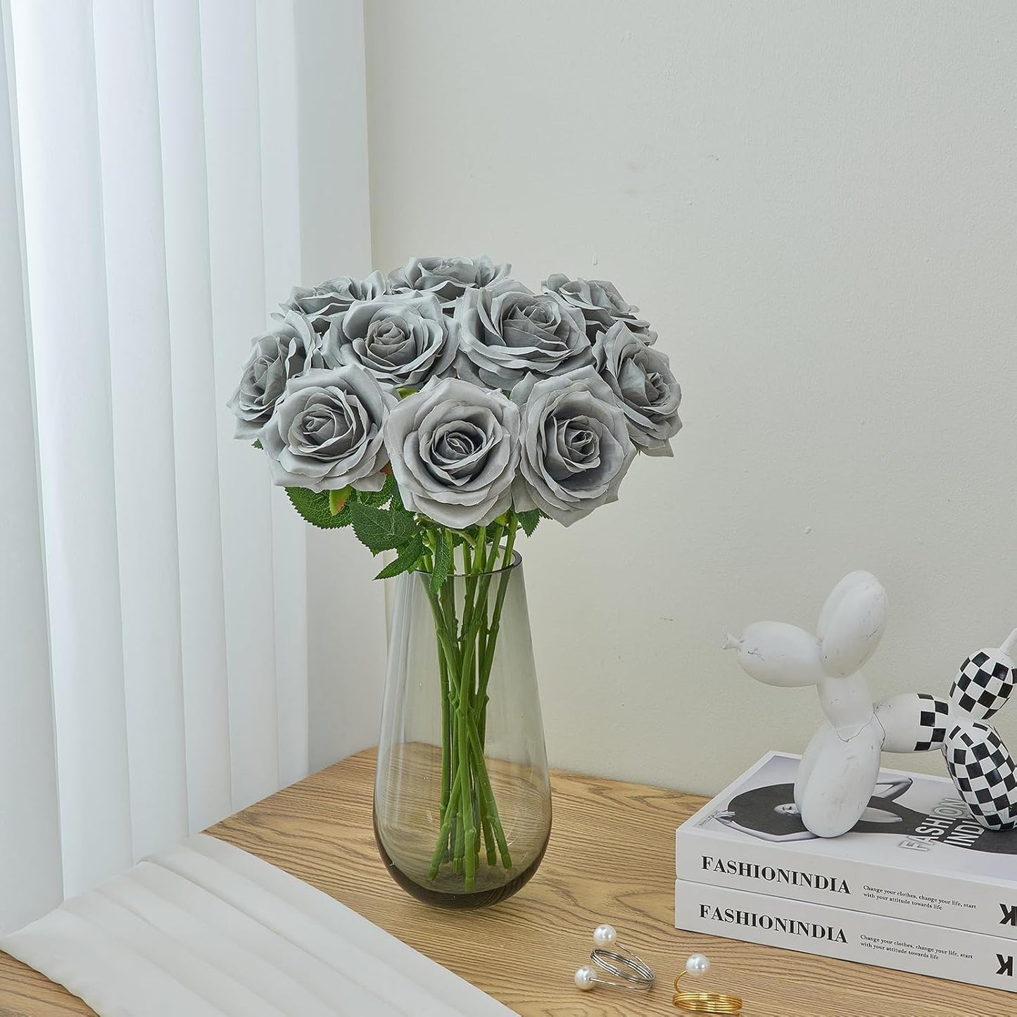 Artificial Rose 10pcs Open Flower Bouquet Faux Rose Stems for Wedding Arrangement, Bridal Bouquet, Centerpiece, Fake Faux Silk Flowers (Grey)