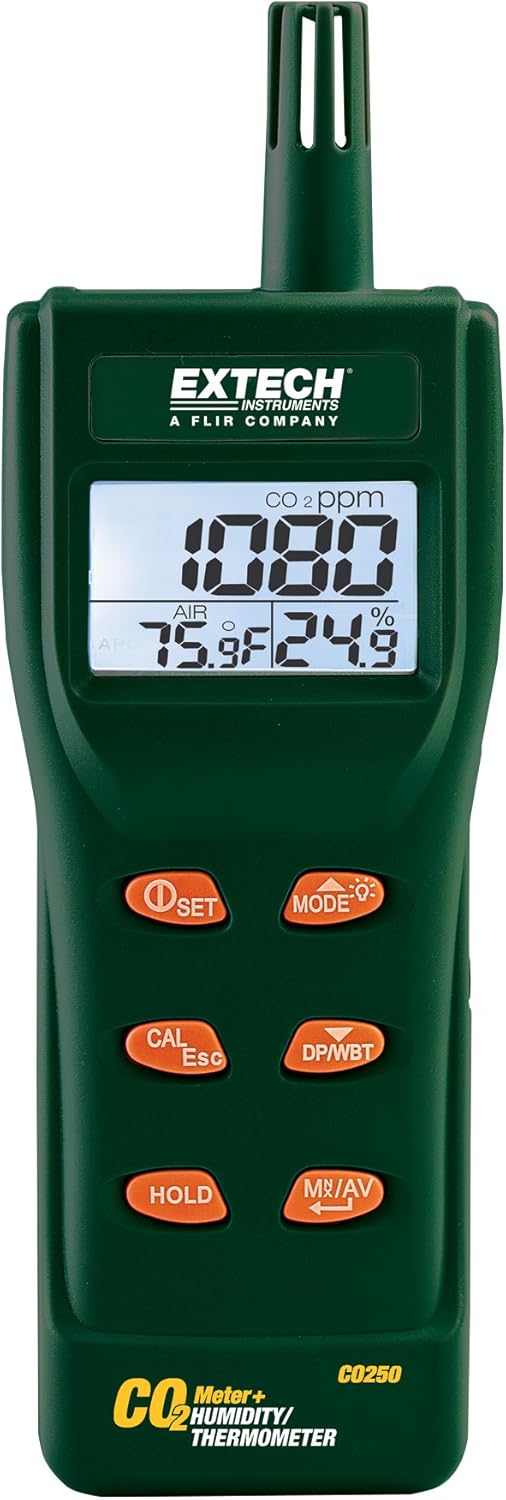 Extech CO250 Portable Indoor Air Quality CO2 Meter with Datalogger - Carbon Dioxide, Temperature, Humidity, Dew Point, Wet Bulb, NDIR Sensor, 99 Record Storage, Large LCD Display
