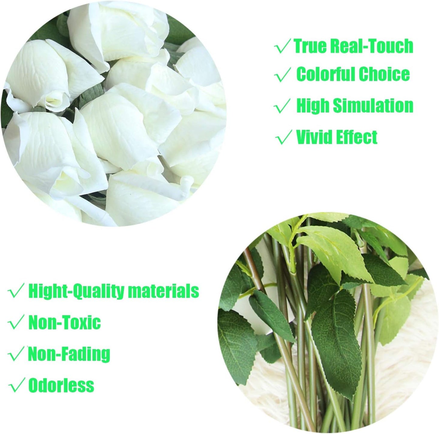 12pcs Real Look Artificial Rose Buds, 22 Inch Real Touch Silk Rosebud, Realistic Design Artificial Flower with Real Feel Petals,Silk Flower Bud for Wedding Home Décor,White
