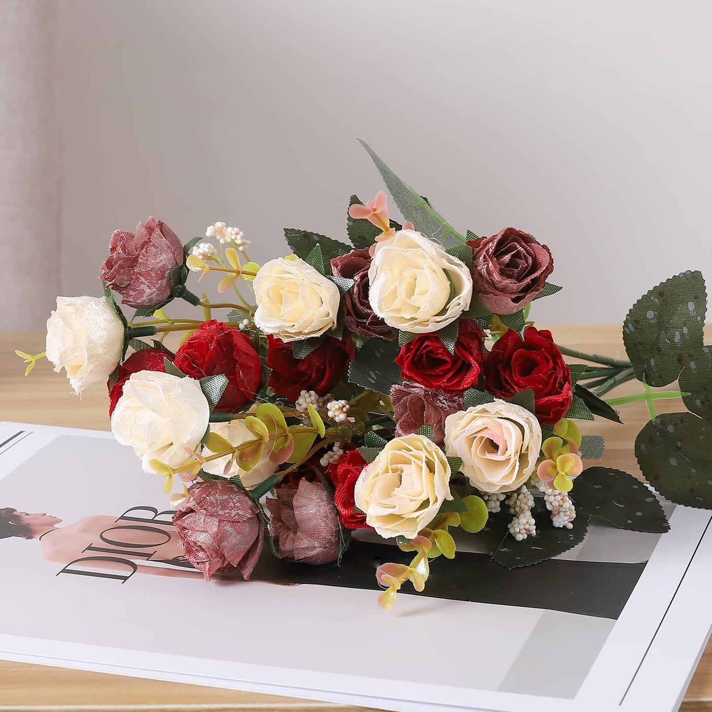 Duovlo 7 Branch 21 Heads Artificial Flowers Bouquet Mini Rose Wedding Home Office Decor,Pack of 4 (Red)