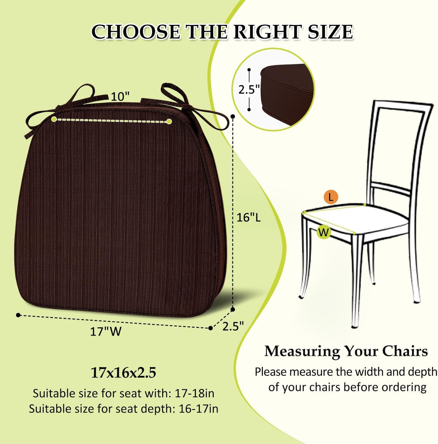 Chair Cushions for Dining Chairs, Indoor Chair Cushions with Ties，Waterproof Chair Pads Set of 6, Brown, 17x16x2.5 Inch