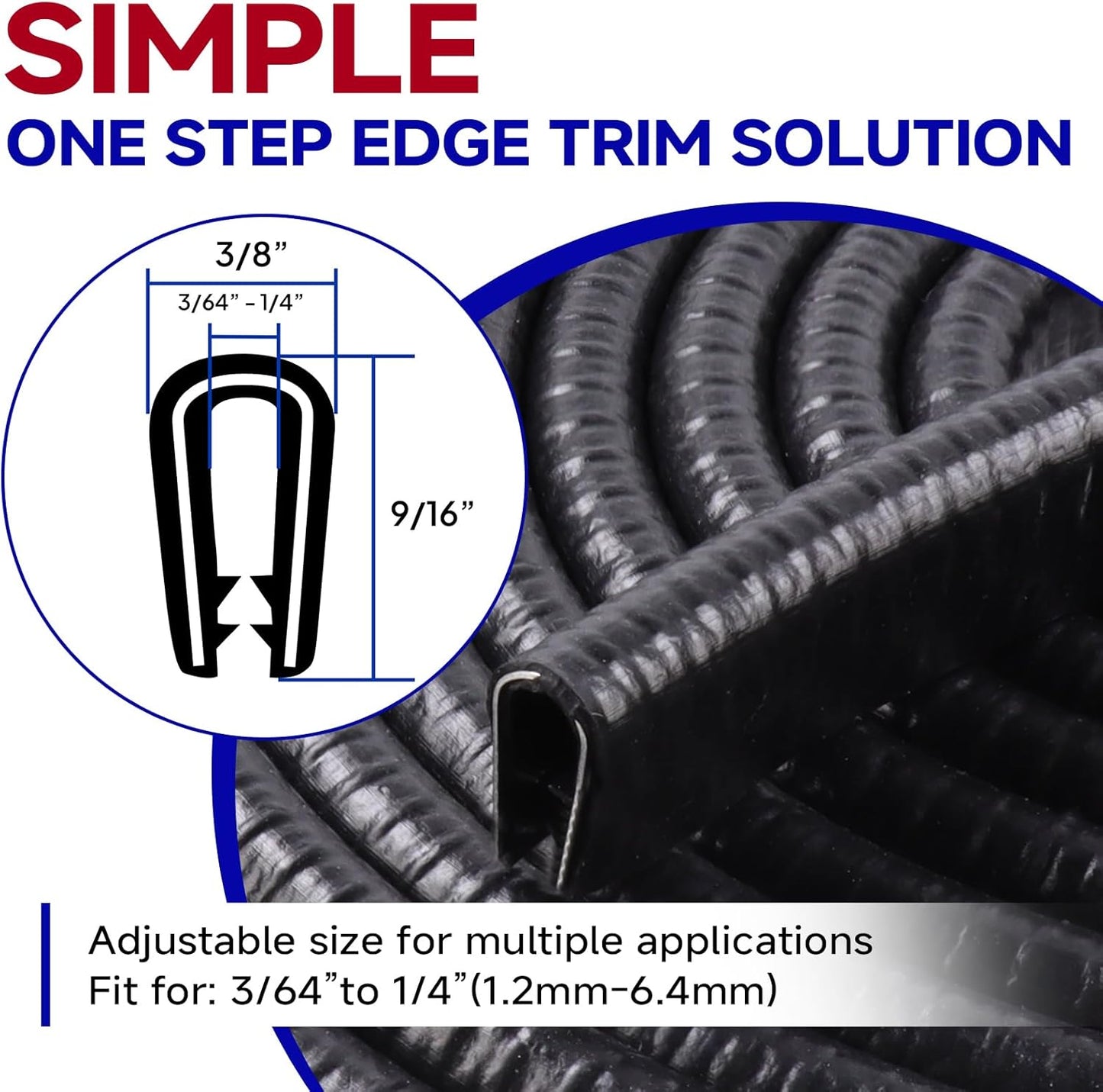 Rubber Edge Trim, U Channel Edge Trim with Metal Clips Edge Guard Protector, PVC Rubber Seal Strip for Sheet Metal, Car Doors, Hatches, Table Corners, Fit 3/64" to 1/4"(1.2mm-6.4mm), 10Ft, Black