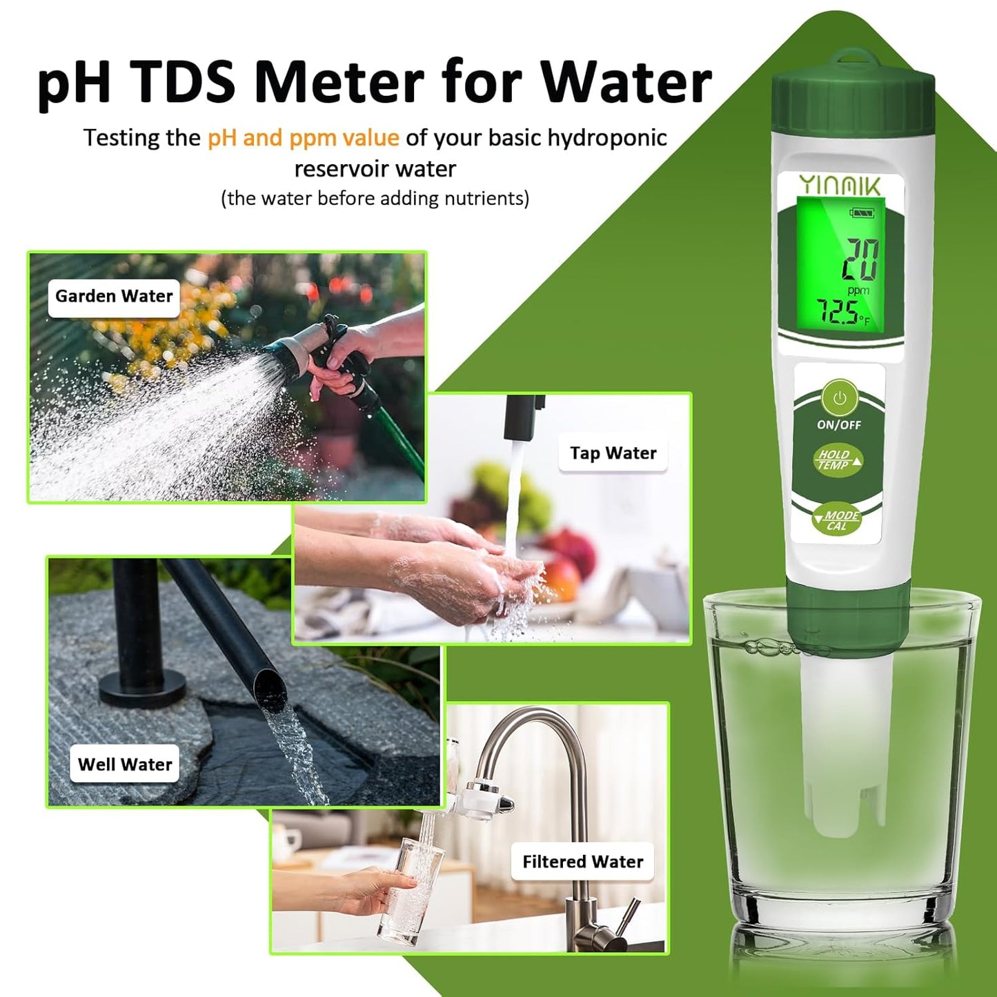 pH EC Meter for Water Hydroponics, PPM Meter for Nutrients, Measure pH PPM Conductivity Temperature of Hydroponic Garden Water and Nutrient Solution, EC pH TDS Meter for Water, Aquarium, Pool