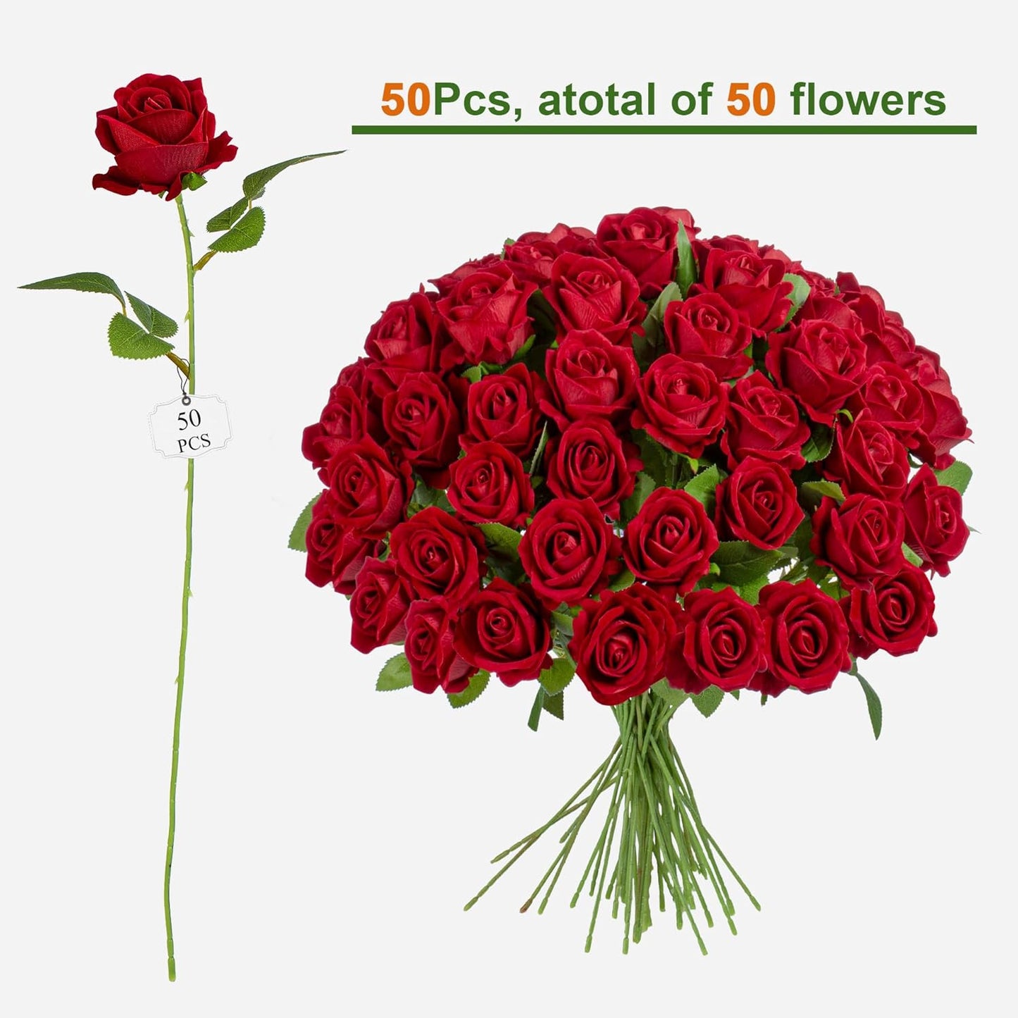 Fake Plants Roses Flowers Plastic Flowers Spring Decorations for Home Gifts for Gf Roses Artificial Flowers for Vase Fake Flowers Home Decor Fake Plant 19.6”(50PCS Red)