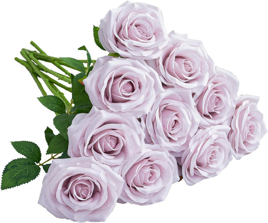 Artificial Rose 10pcs Open Flower Bouquet Faux Rose Stems for Wedding Arrangement, Bridal Bouquet, Centerpiece, Fake Faux Silk Flowers (Dusty Purple)