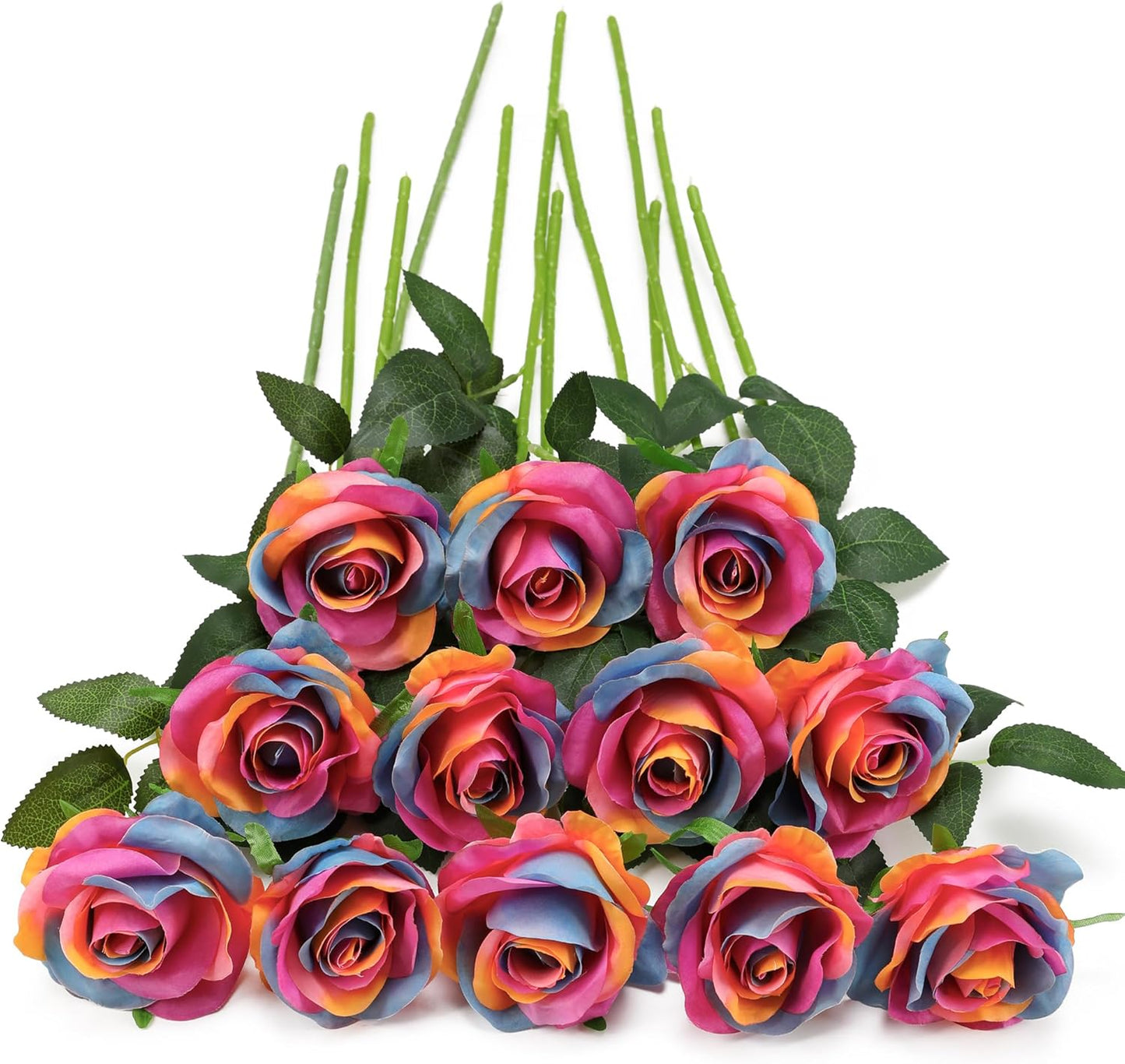 Rainbow Fake Roses Artificial Flowers - 10 Pcs Fake Artificial Roses Silk Flowers with Stems for Home Wedding Hotel Office Centerpiece Decor（Rainbow）