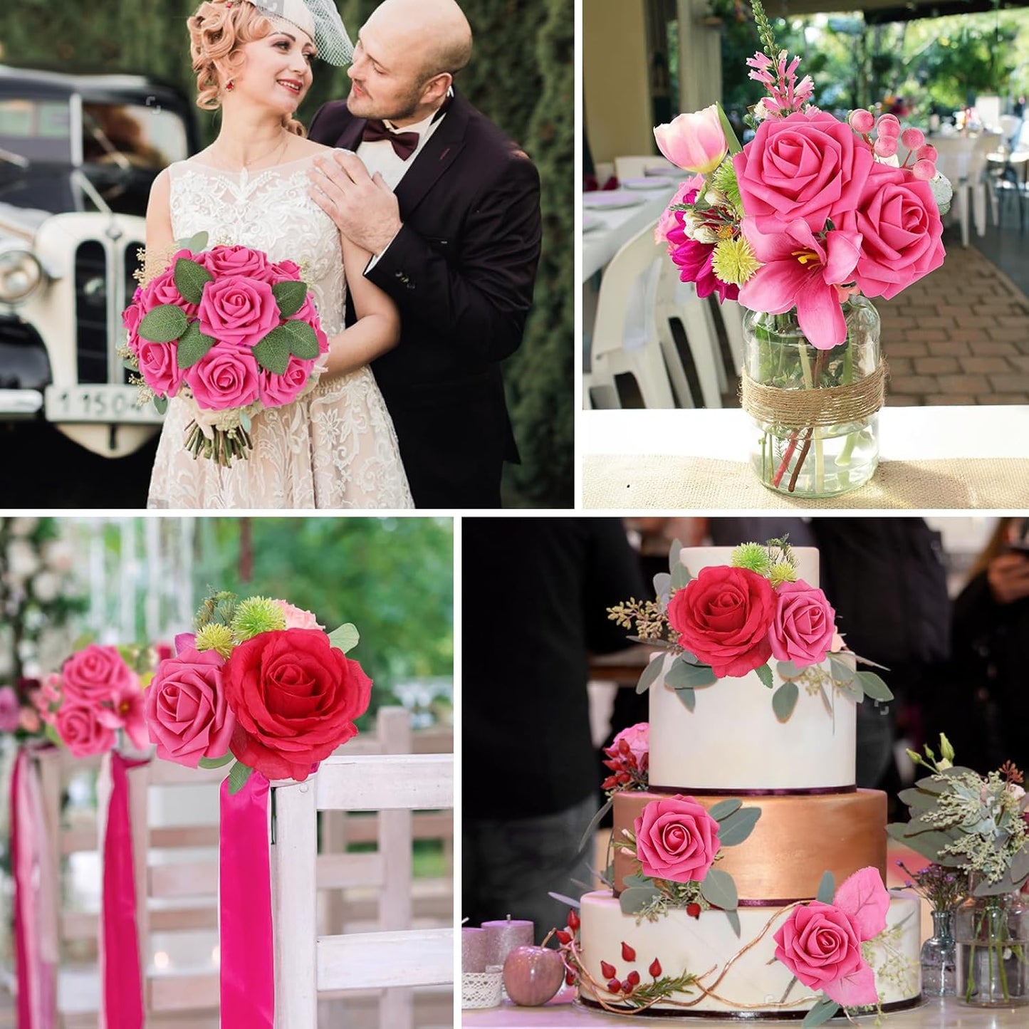 AmyHomie 25pcs Real Looking Artificial Hot Pink Roses w/Stem for DIY Wedding Bouquets Centerpieces Arrangements Party Baby Shower Home Decorations