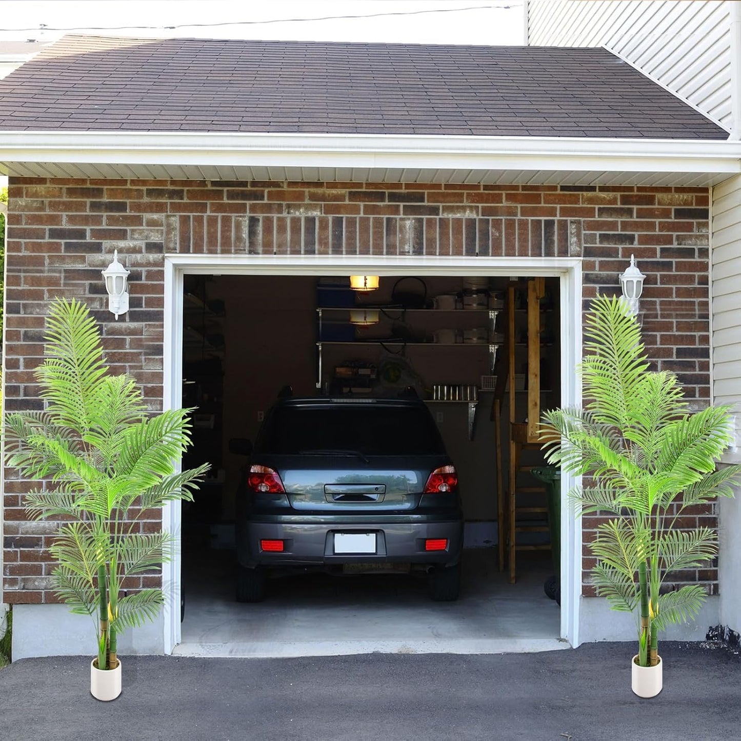 Artificial Fake Palm Tree 7FT 2Pack with White Planter & Free Moss, UV Resistant Artificial Palm Tree for Outdoors, Fake Plants for Poolside Home Room Decor, Faux Plants Outdoor Decor