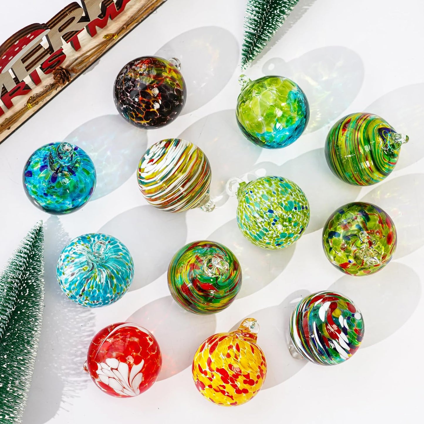 Set of 6 Hand Blown Glass Christmas Ornaments Hanging Gazing Ball Witches Ball Christmas Decor for Garden Patio Window Xmas Tree