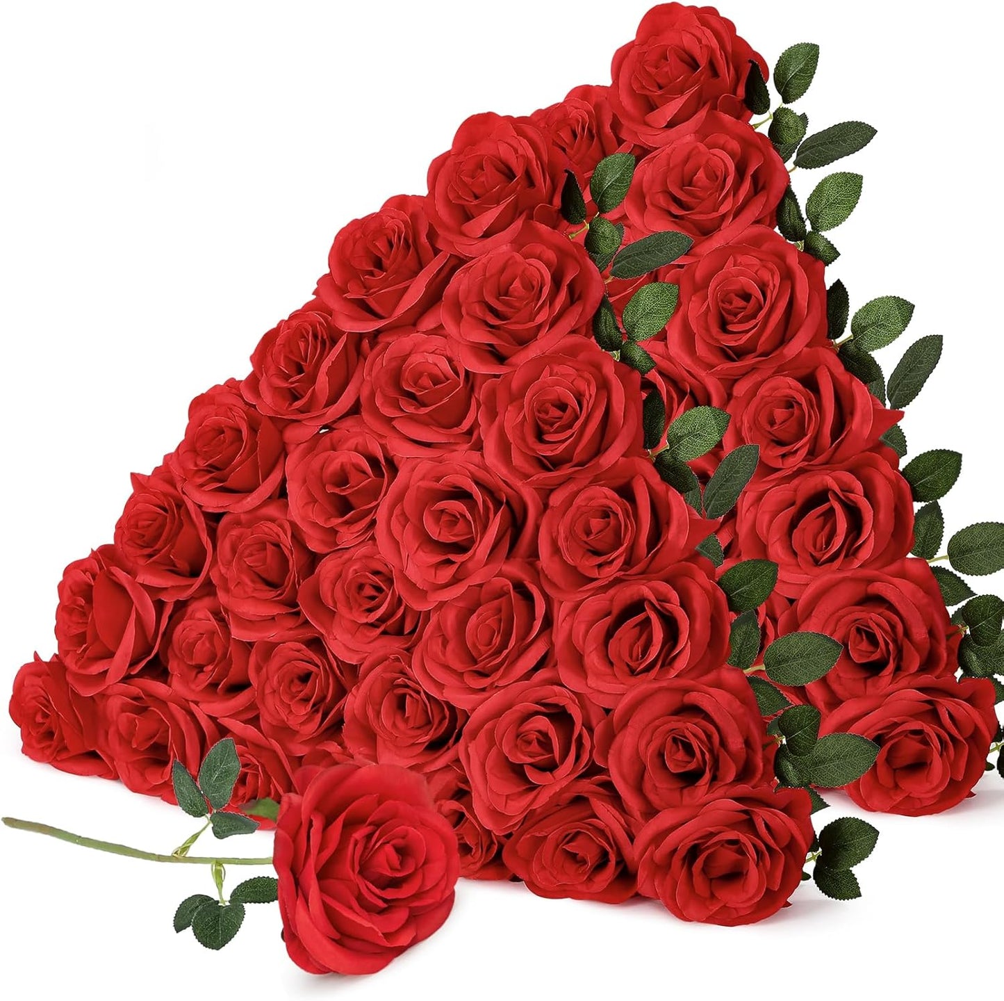 50PCS Artificial Red Roses, 3.9'' Silk Flower Head Fake Red Rose with Long Stems, Realistic Faux Roses Bouquet for DIY Wedding Home Party Office Decoration