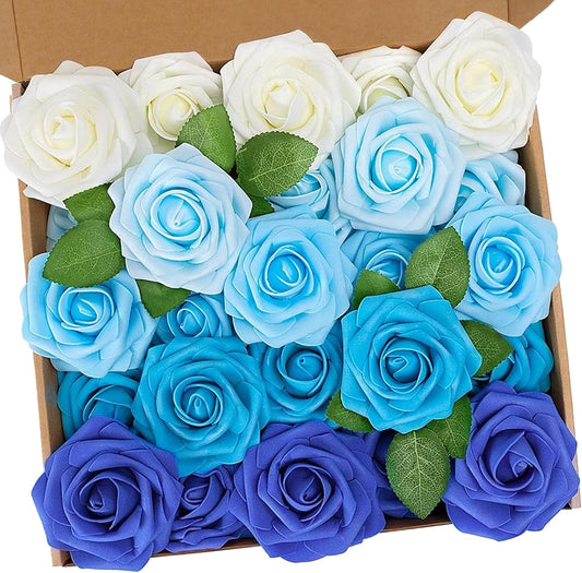 N&T NIETING Blue Roses Artificial Flowers, 25pcs Fake Flowers Rose Perfect for DIY Wedding Bridesmaid Bridal Bouquets Centerpieces Home Flower Arrangement Decoration, Series Blue