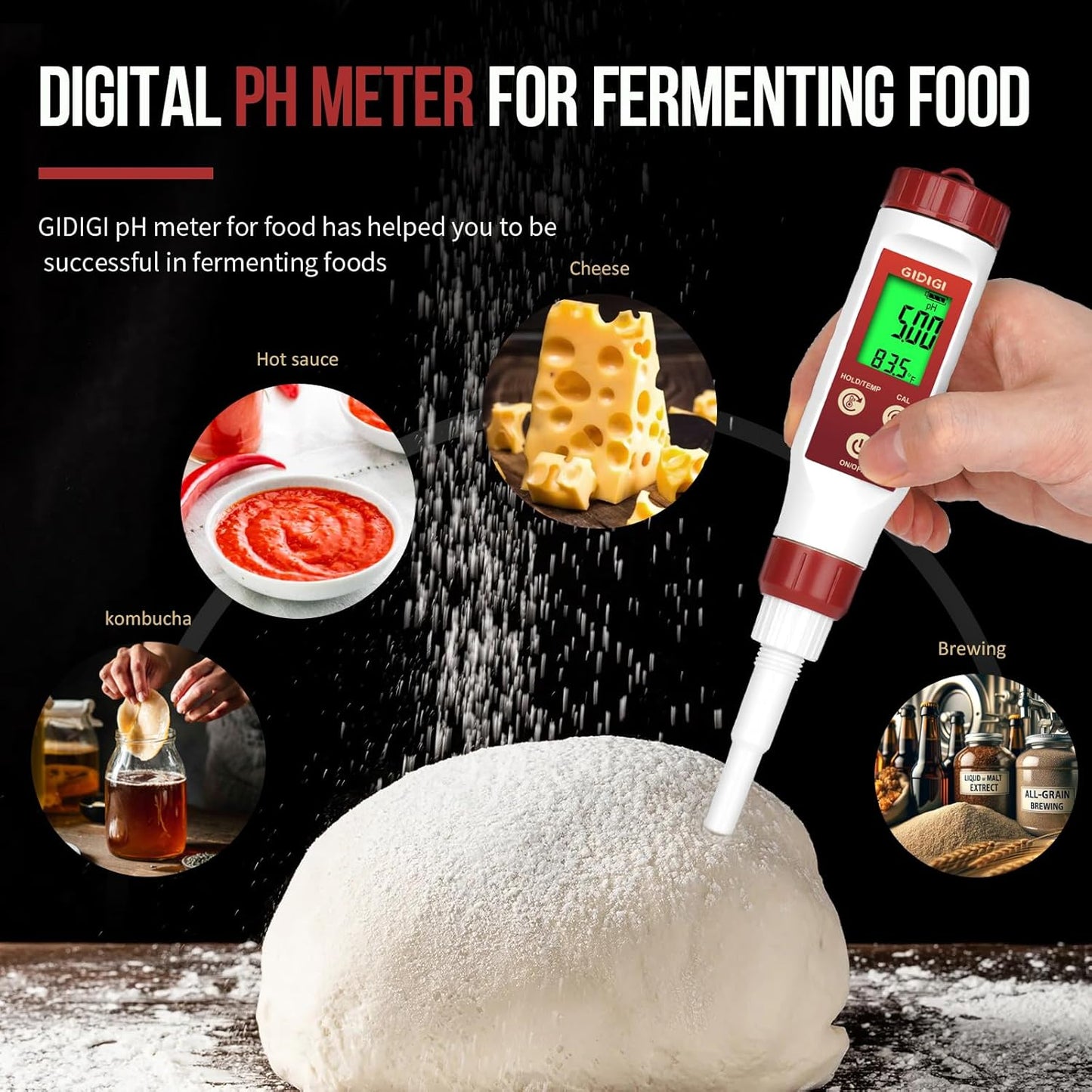 pH Meter for Food Digital pH Meter for Fermentation Hot Sauce Canning Spear Tip pH Food Tester Probe for Cheese Cooking Sourdough Bread Saliva Water Resistant Food Acidity Tester for Solid and Water