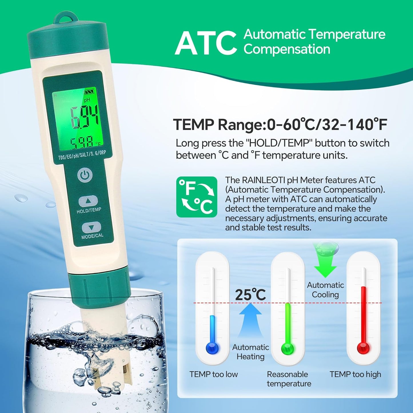 7in1 PH Water Tester, Digital PH Meter for Water Digital Pool Salt Tester,PH SG ORP Salt Temp EC and TDS Meter, Water Quality Tester for Swimming Pool Aquarium Drinking Water Digital Water Testing Kit