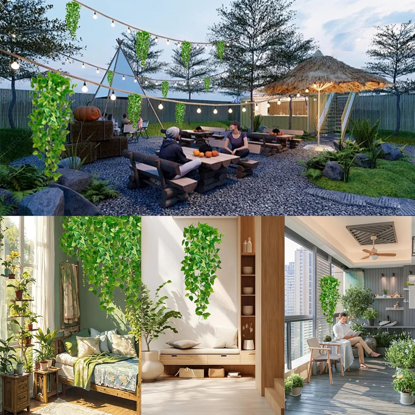 Fake Hanging Plants Vines(2pcs)for Room Decor, Artificial Ivy Greenery Garlands for Home Bedroom Living Aesthetic Kitchen Office Wall Patio Bookshelf,Indoor,Outdoor Farmhouse Decorations(No flowerpot)