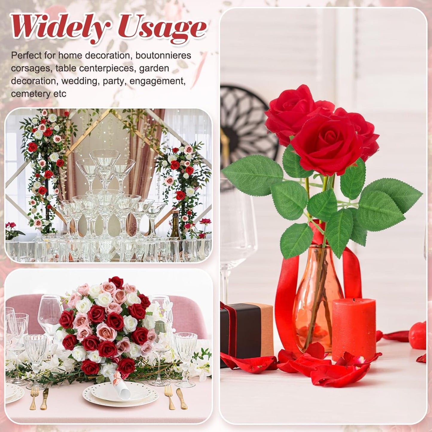 36 Pcs Red White Pink Artificial Roses with Long Stems, Fake Silk Rose Artificial Flowers Bulk for Bridal Wedding Bouquet Centerpiece Ball Arrangement Party Decor