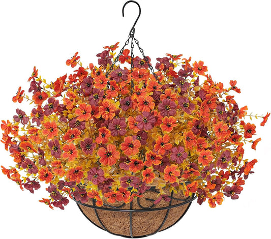 Fall Artfiticial Hanging Flowers Baskets for Outdoors, UV Resistant Fake Fall Hanging Plants, Faux Orange Flowers for Autumn Home Patio Garden Front Porch Balcony Decor (Orange Red)