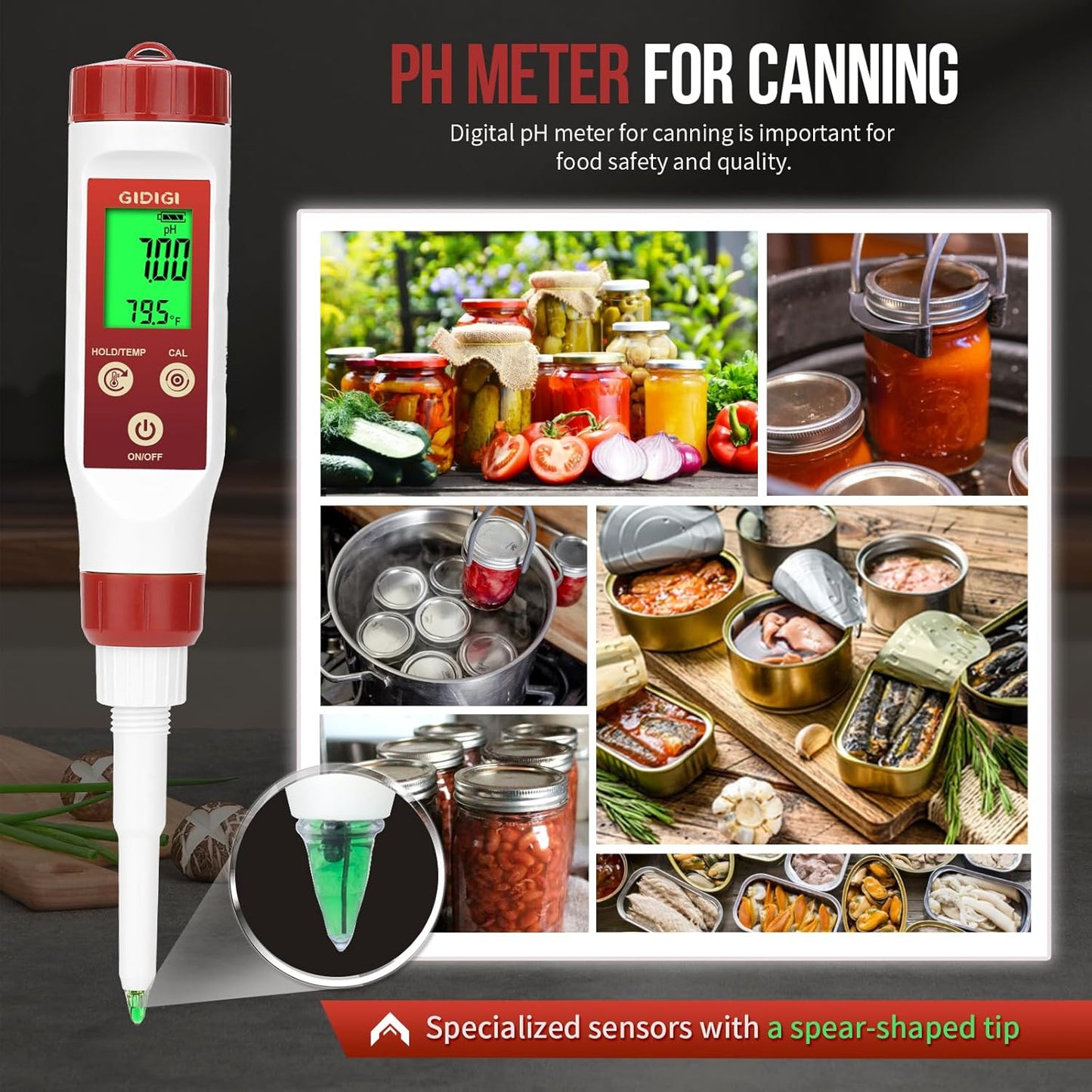 pH Meter for Food Digital pH Meter for Fermentation Hot Sauce Canning Spear Tip pH Food Tester Probe for Cheese Cooking Sourdough Bread Saliva Water Resistant Food Acidity Tester for Solid and Water