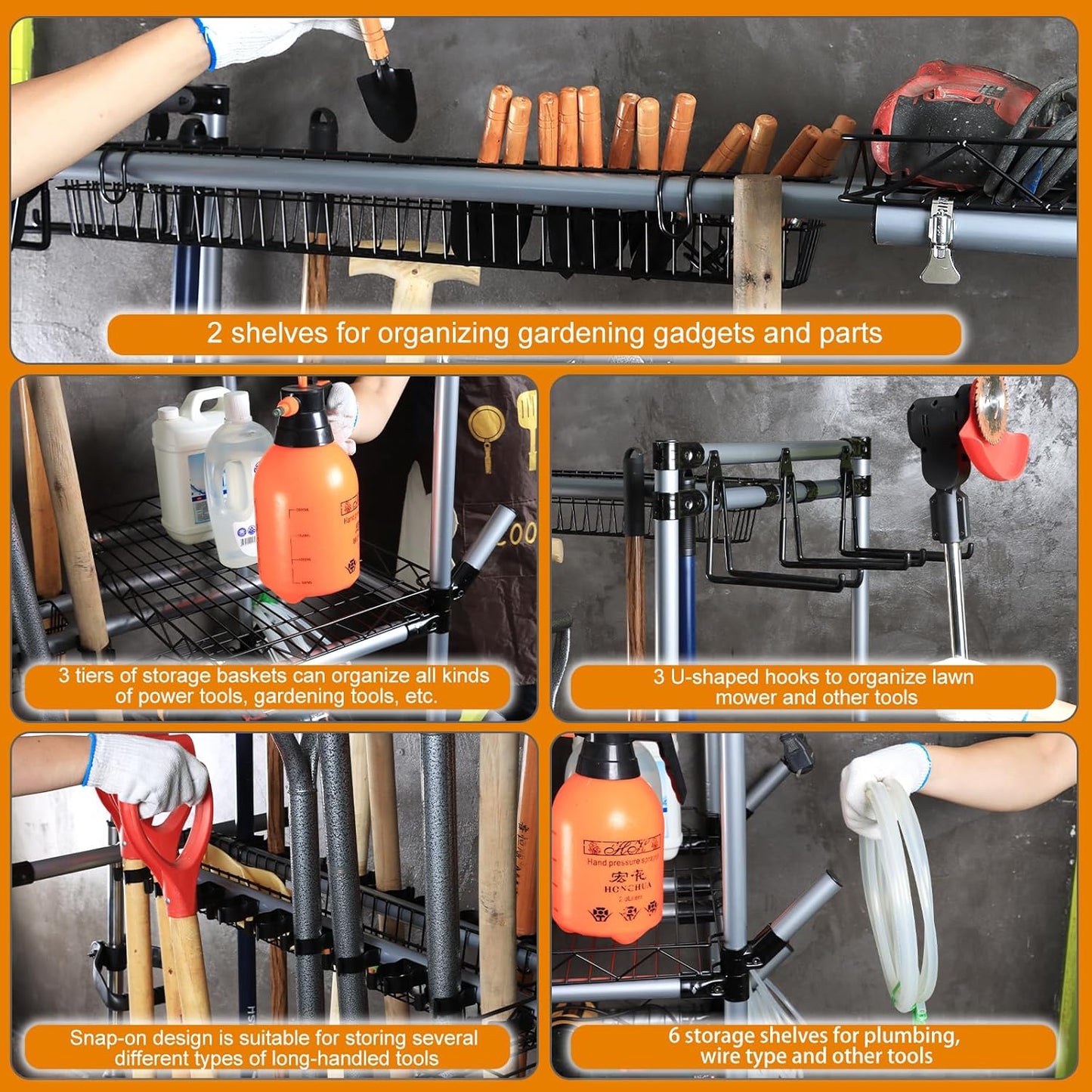 BIG Garden Tool Organizer with Wheels - Rolling Storage Rack - Multifunctional Cart