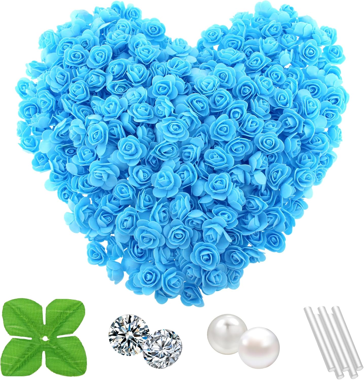 500 Pcs 1.4 Inch Mini Artificial Flowers Head Bulk 5 in 1 Set Faux Foam Fake Small Rose Tiny Baby Flores Bouquet Cake Gift Home Decoration DIY Craft (Sky Blue)