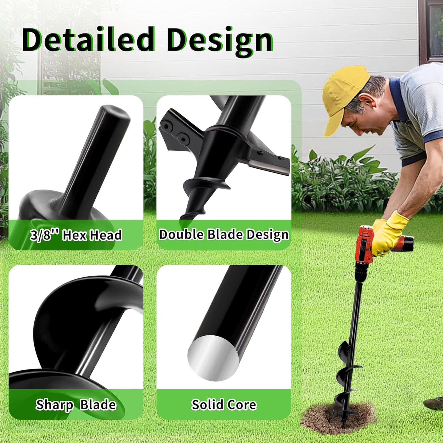 4"x24" Auger Drill Bit for Planting,Designed for Hard&Rocky Soil,Heavy-Duty Post Hole Auger with Upgrad Dual-Sharp Blades Tip,Garden Spiral Drill Bit & Plant Hole Digger,for 3/8" Hex Drive Drill