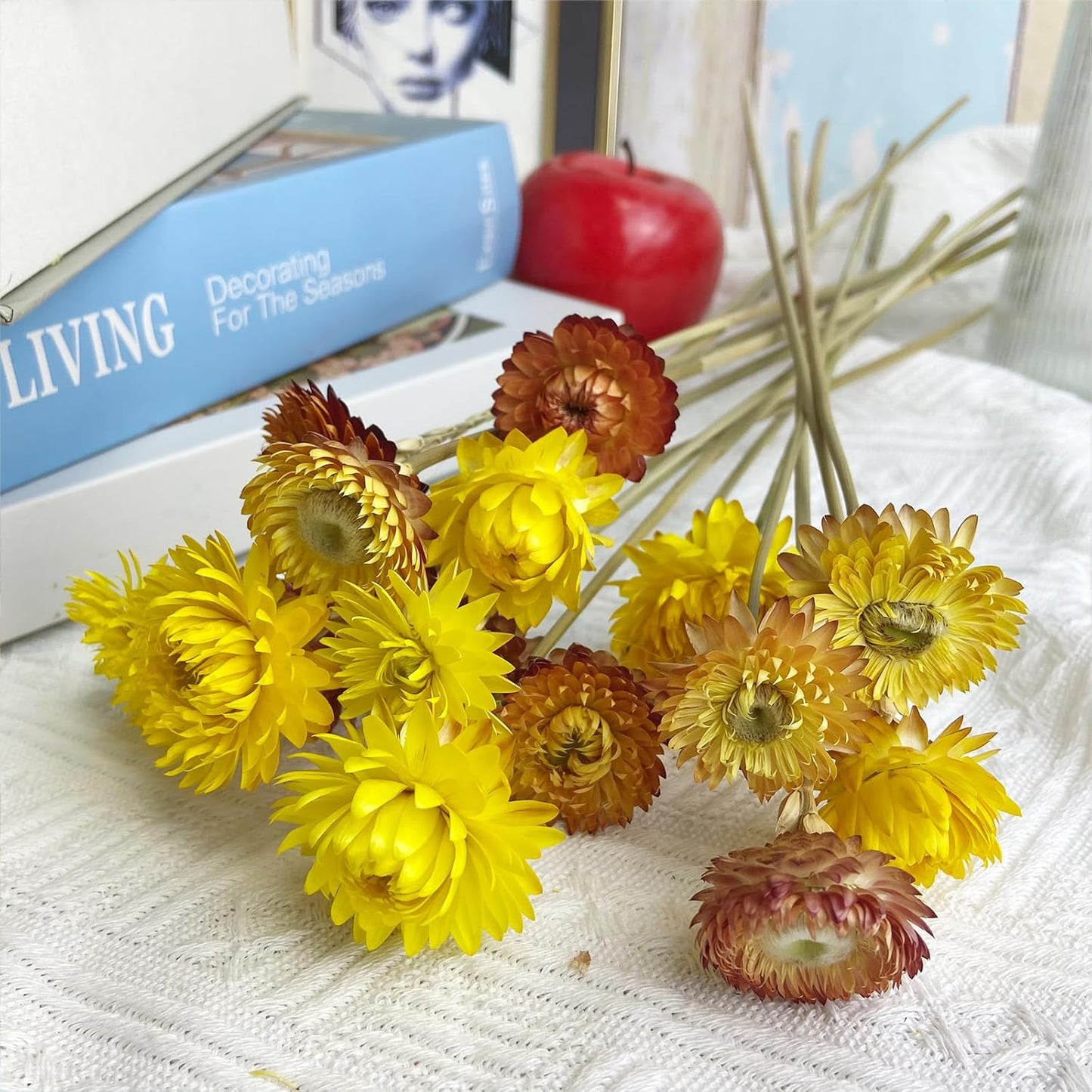 L'BREVOGA Dried Flower Bouquets,16 pcs 100% Natural Daisy Strawflower for Decoration Home Party - Yellow & Champagne
