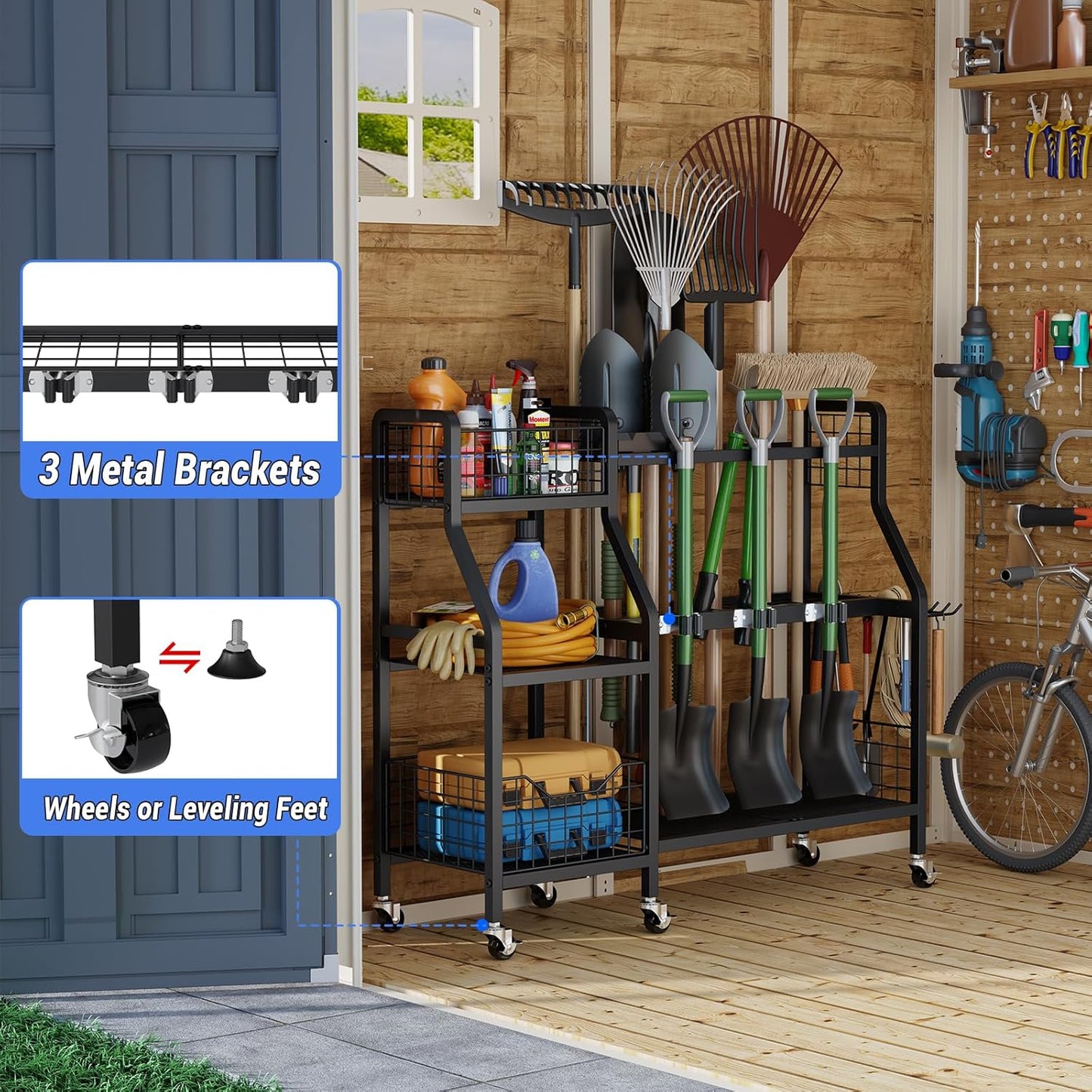 keomaisyto Garden Tool Organizer with 6 Wheels(3 lockable), Heavy Duty Yard Tool organizer with 2 Basket, Large Metal Garage Tool Organization and Storage for Garage/Shed/Yard/Broom Closet/Lawn