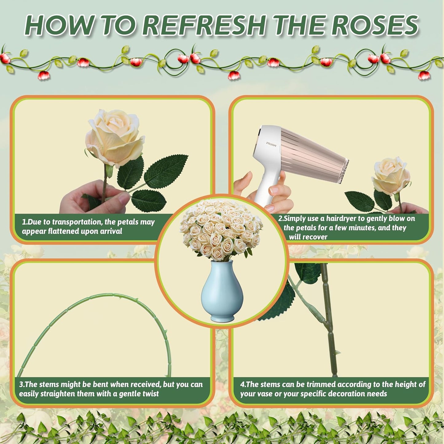 50 PCS Fake Champagne Roses, Artificial Flowers Bulk Realistic Silk Faux Rose with Stems for Wedding Decorations, Bridal Bouquets, Mother's Day Thanksgiving DIY Floral and Home Decor